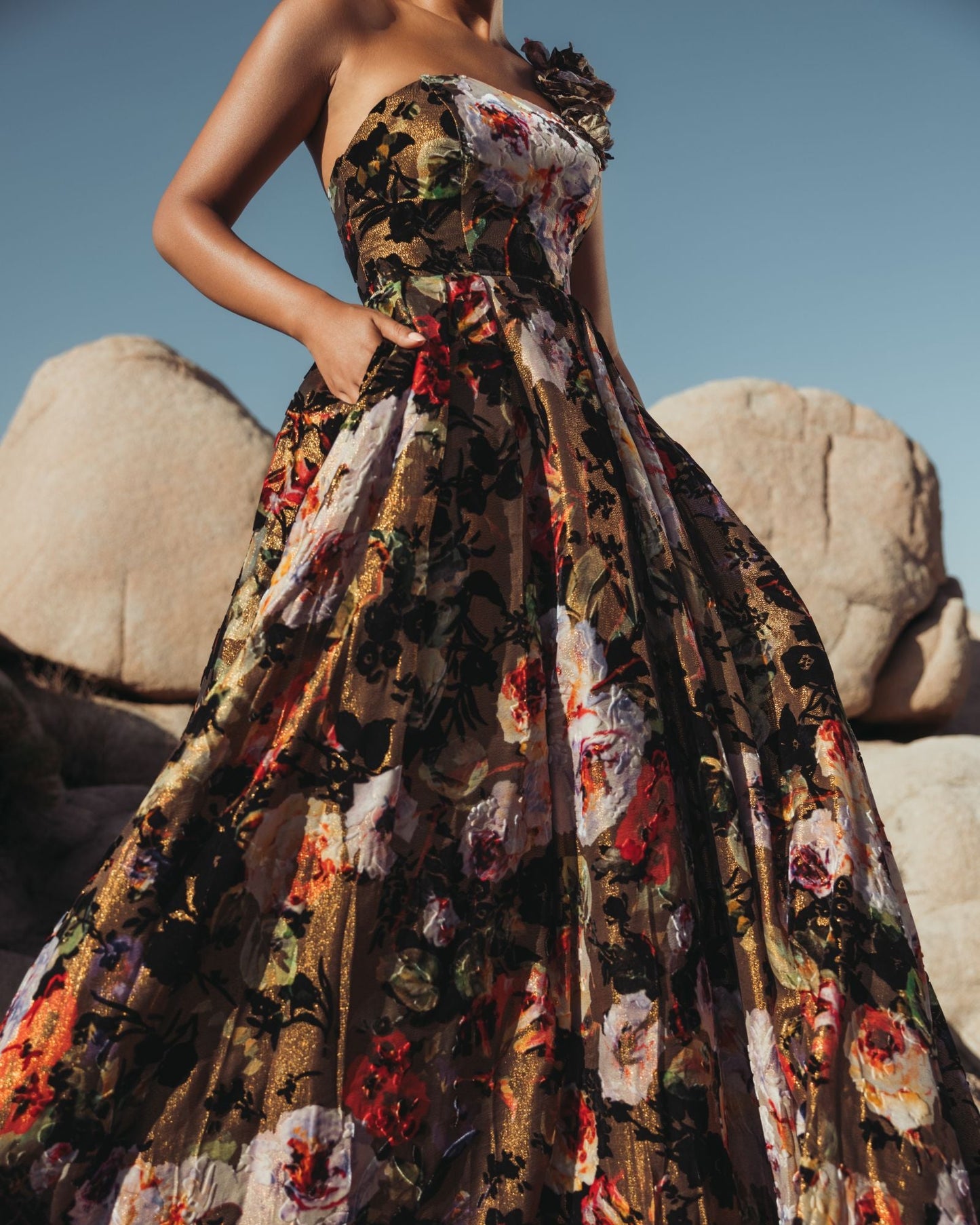 Multicolor One Shoulder Floral Velvet Ball Gown - Mac Duggal