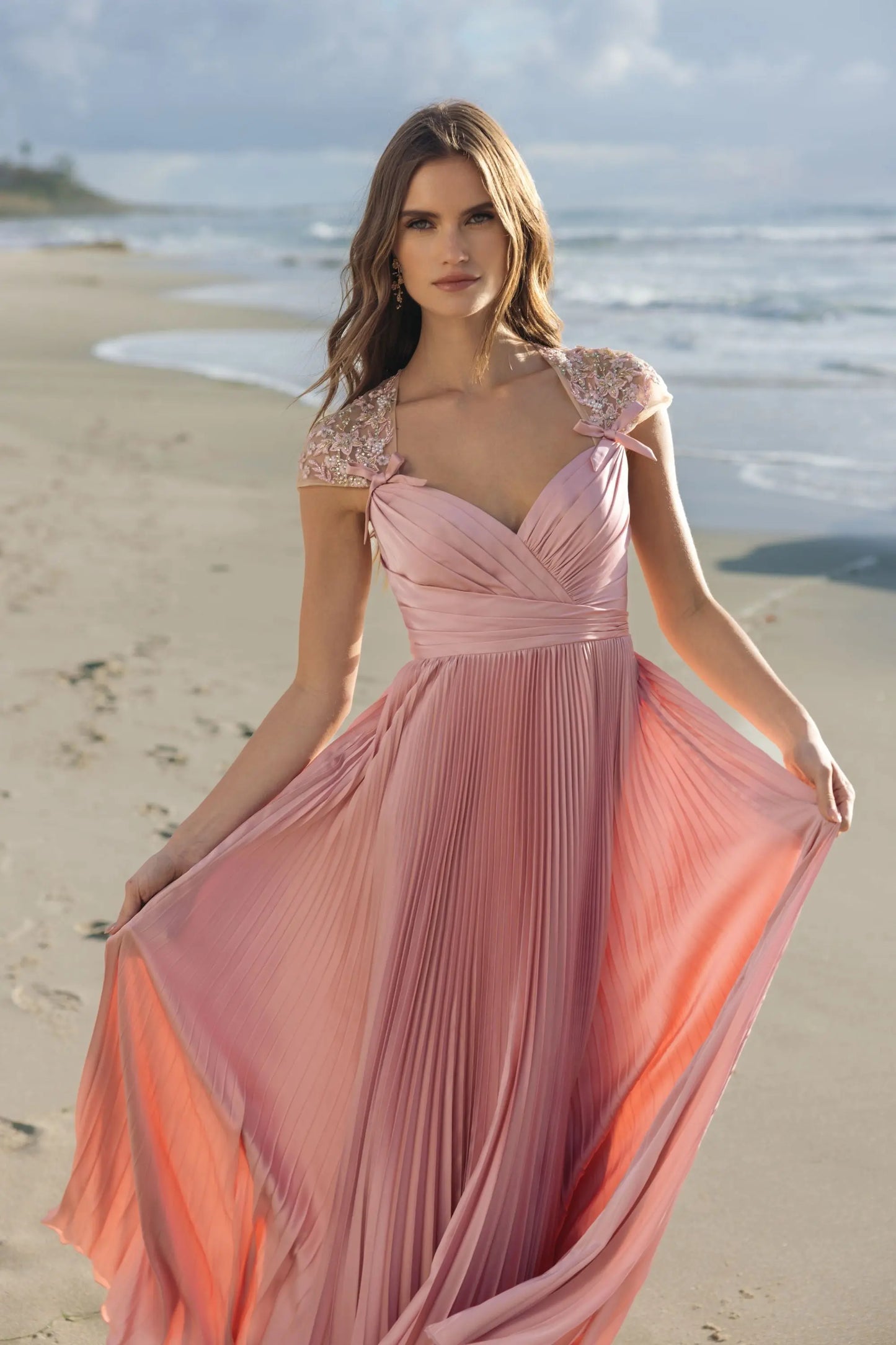 Pink Pleated Charmeuse Embellished Cap Sleeve Gown Mac Duggal
