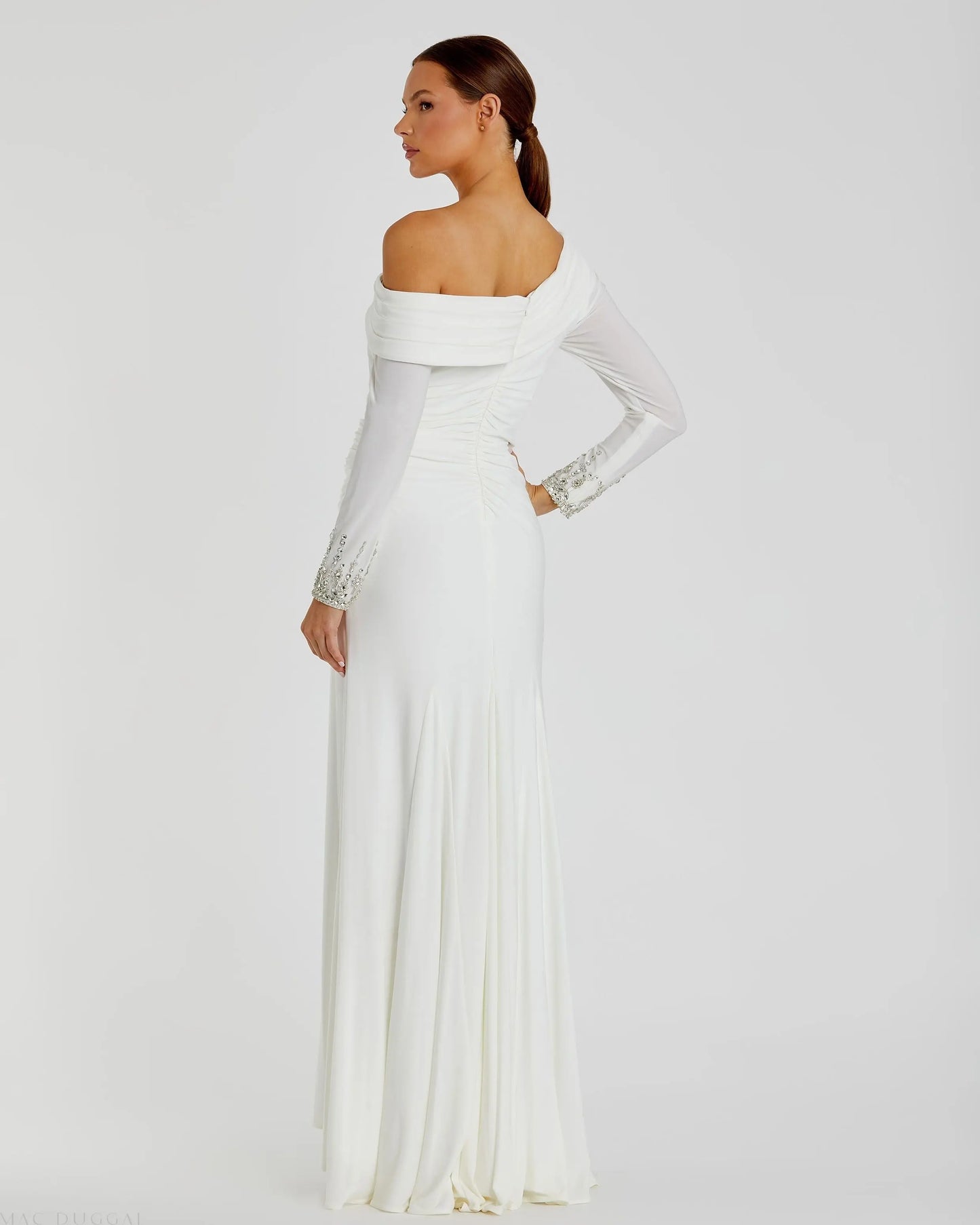White Beaded Cuff Drop Shoulder Faux Wrap Gown - Mac Duggal