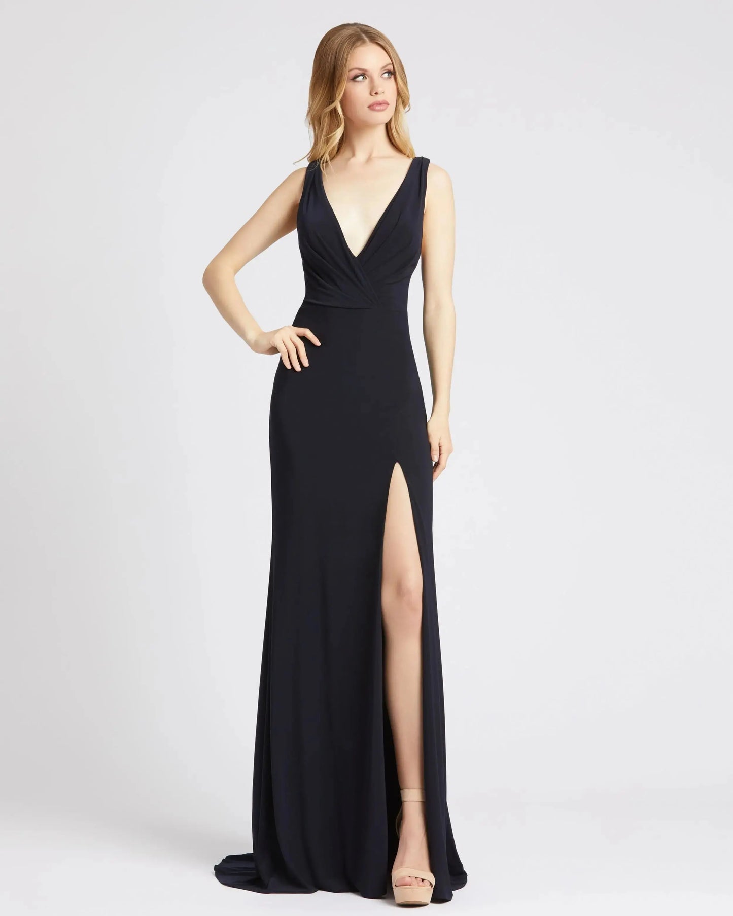 Navy Sleeveless V Neck Jersey Gown Ieena for Mac Duggal