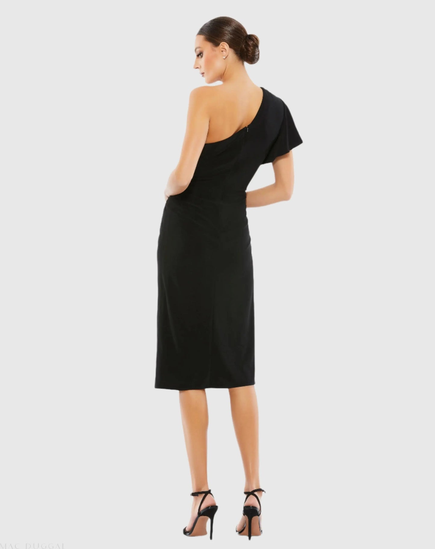 Black One Shoulder Midi Length Jersey Dress - Mac Duggal