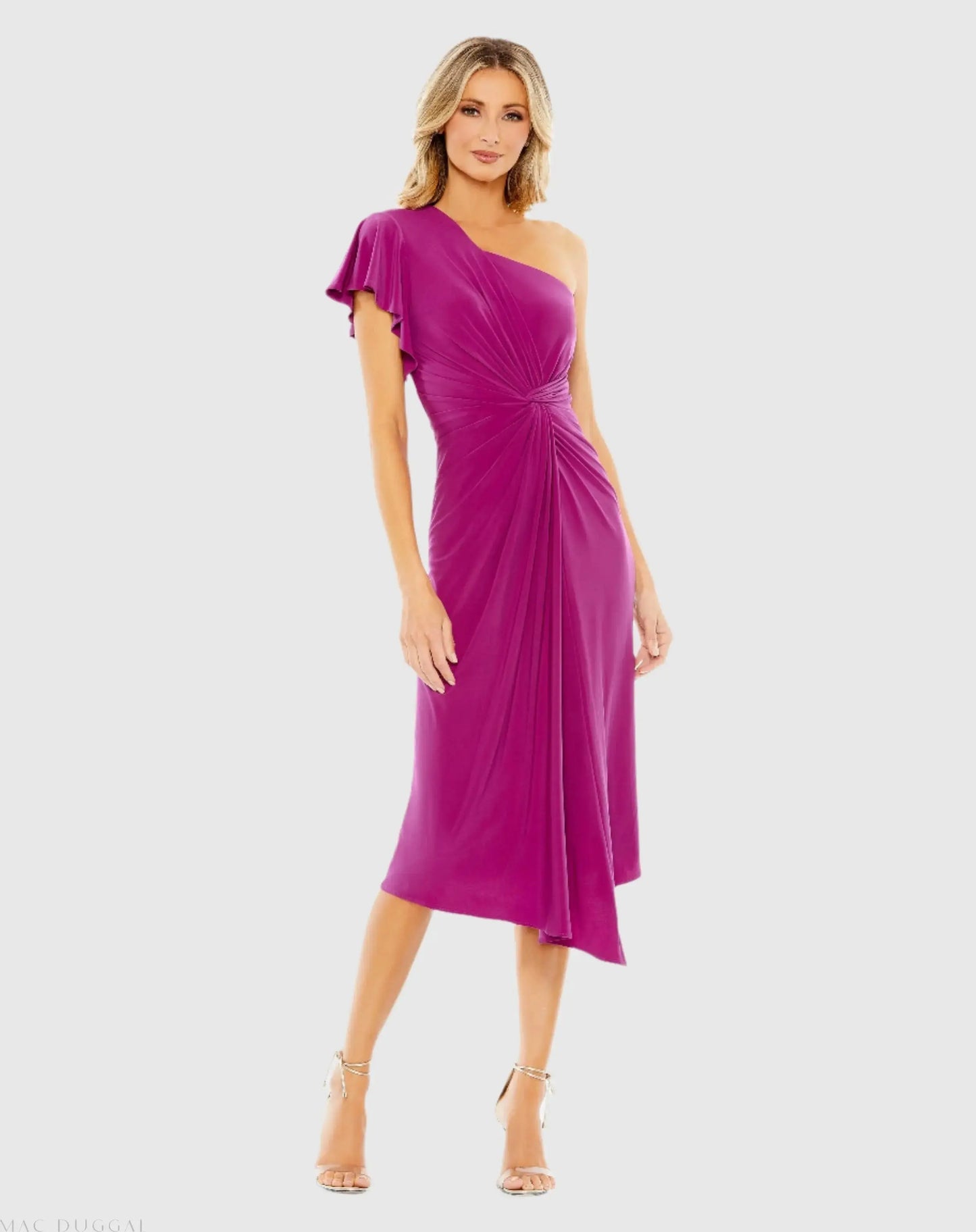 Purple One Shoulder Midi Length Jersey Dress - Ieena for Mac Duggal