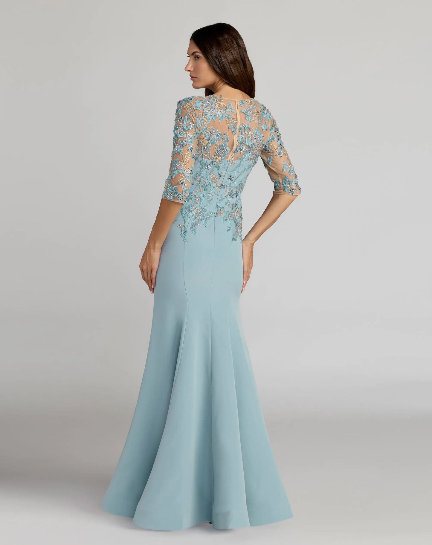Blue Embroidered Crepe Mermaid Gown With 3/4 Sleeves - Mac Duggal