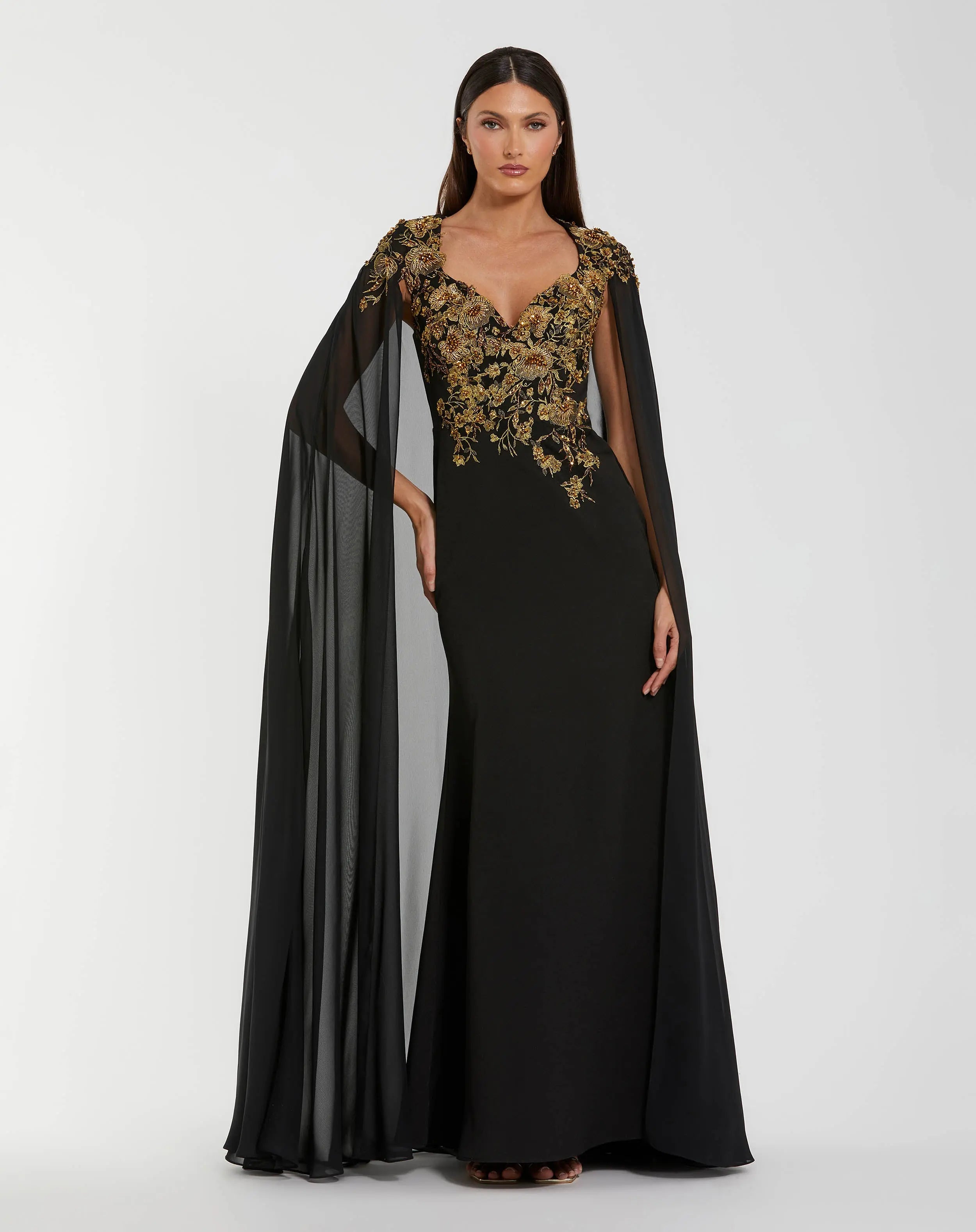 Mac Duggal Women's Embellished Crepe Gown with Chiffon Cape Sleeves - Black - Size 12 - Black Gold Mac Duggal Women's Embellished Crepe Gown with Chiffon Cape Sleeves - Black - Size 12 - Black Gold