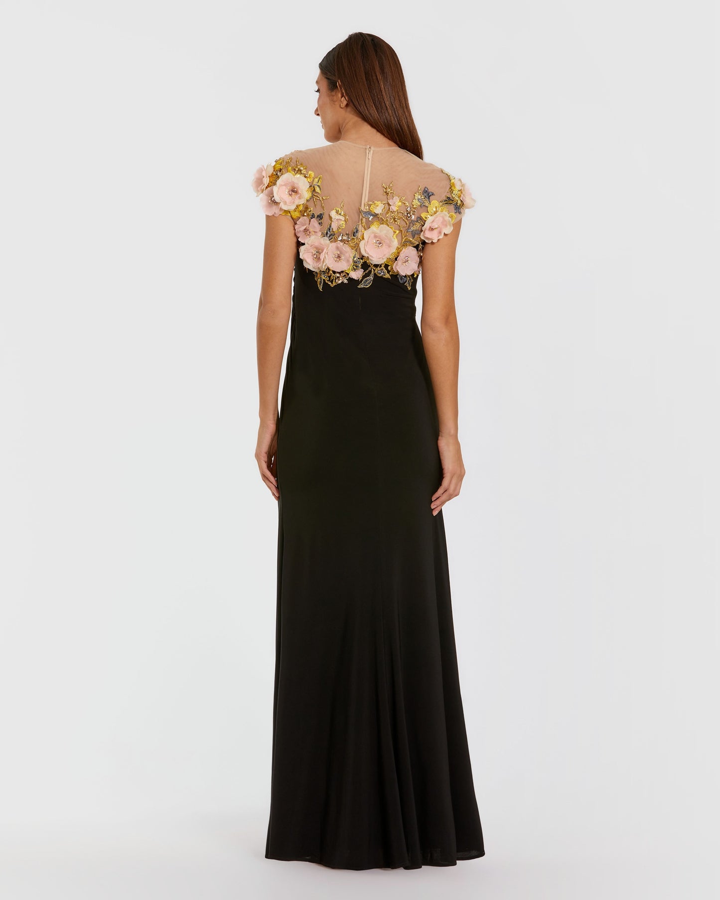 Black Jersey Column Gown With 3D Flower Embellishments Mac Duggal