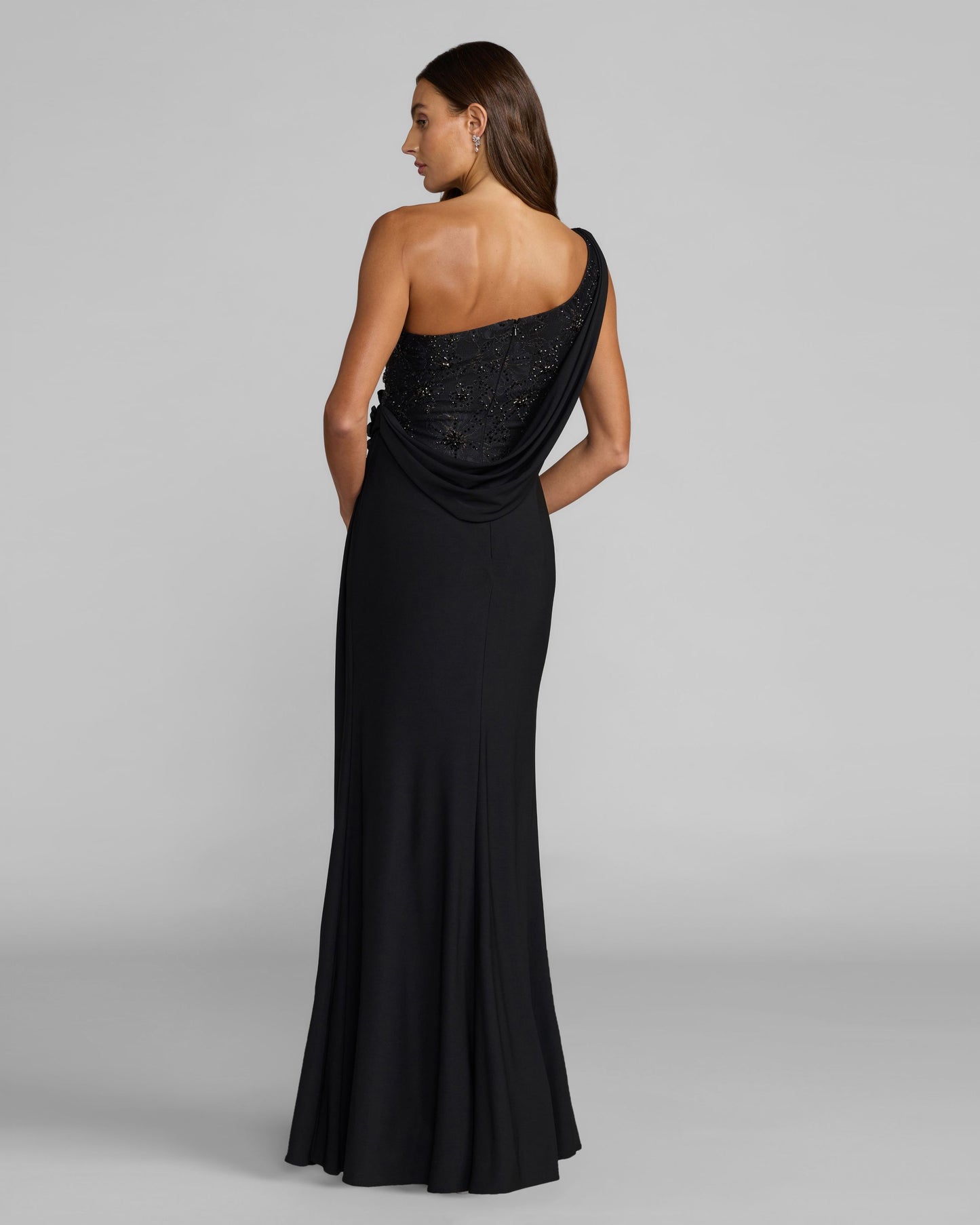 Black One Shoulder Draped Jersey Gown With 3D Flowers Mac Duggal