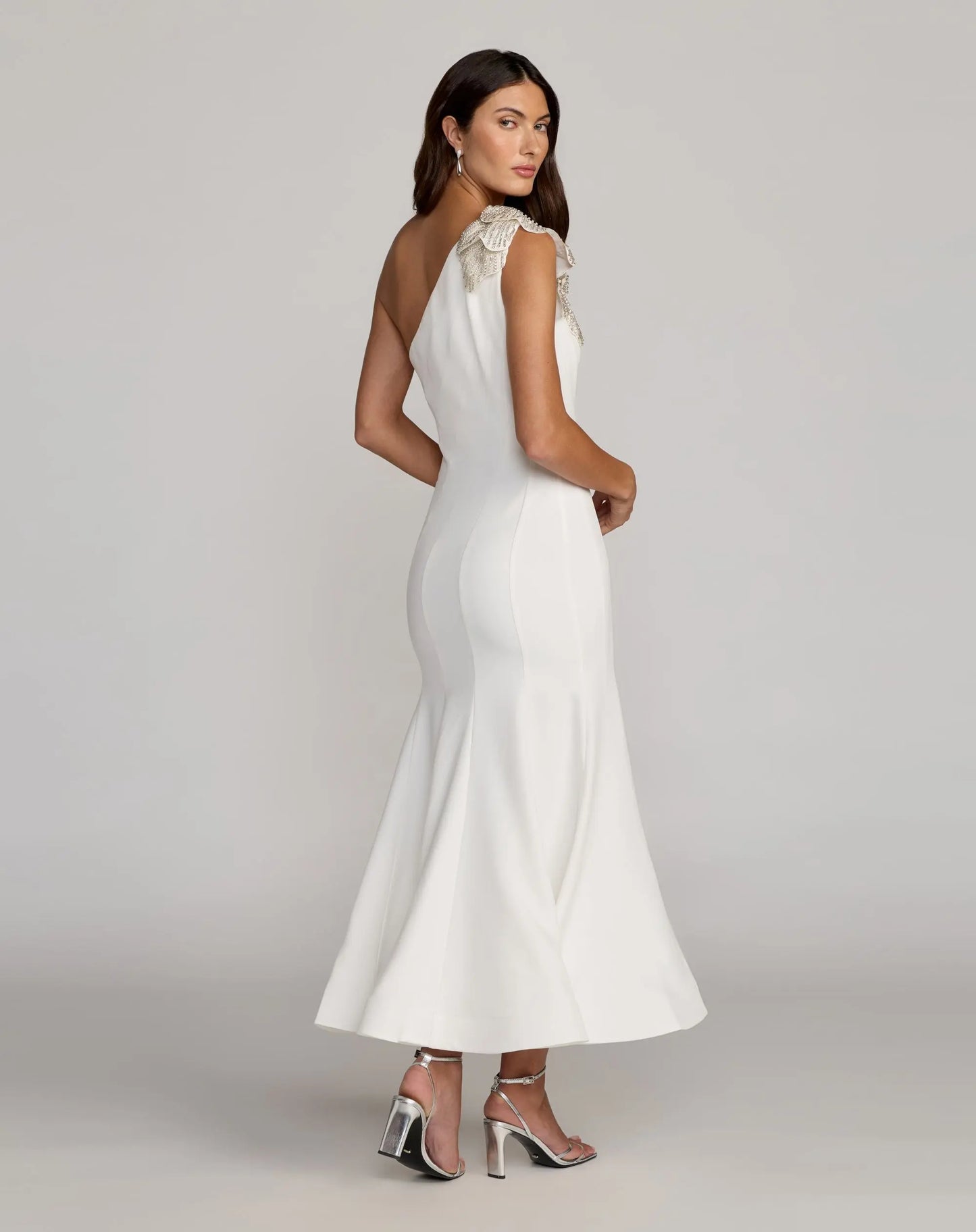 White Crepe One Shoulder Midi Dress with Flower - Mac Duggal