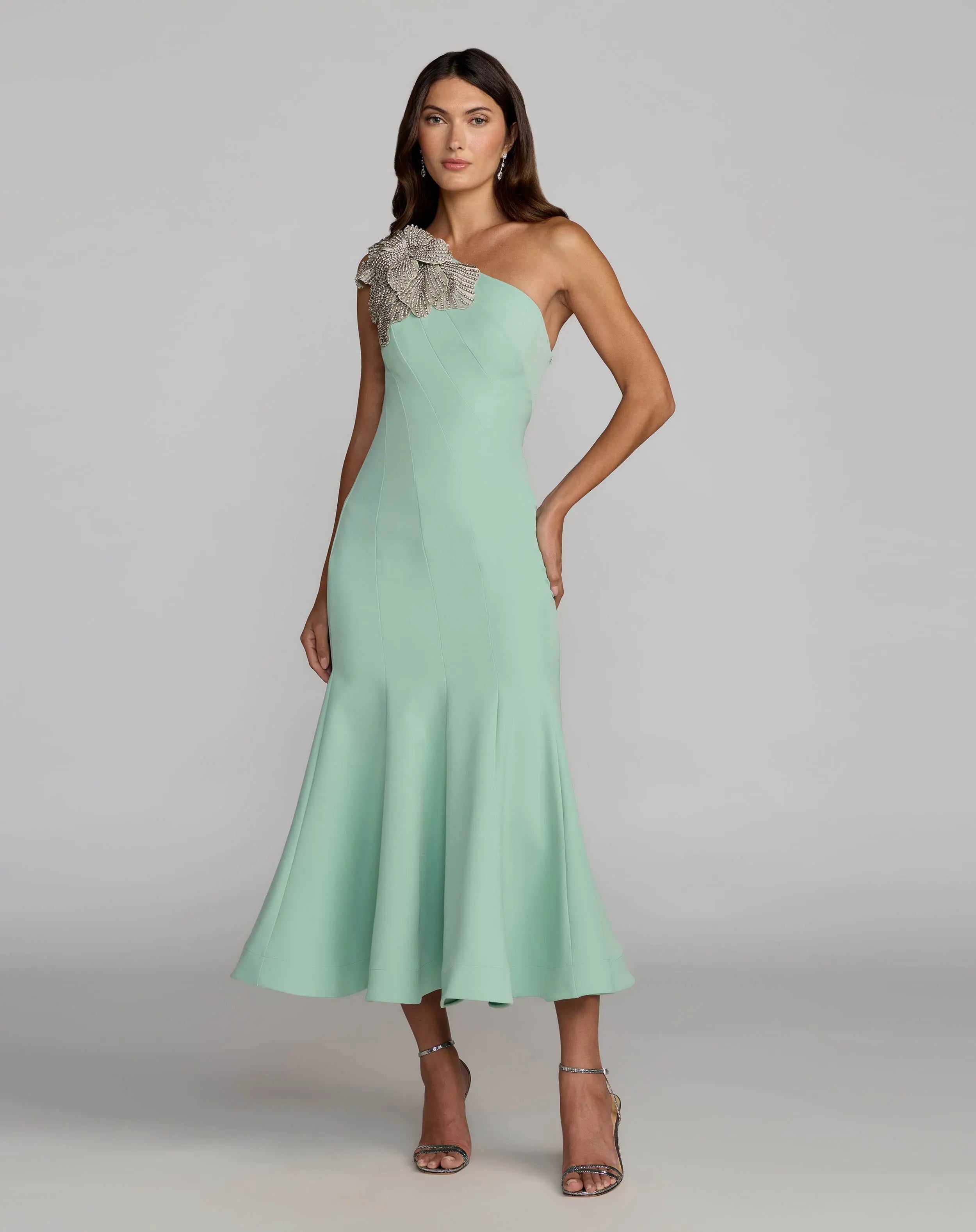 green emerald velvet dress Green Crepe One Shoulder Mermaid Midi Dress with Flower