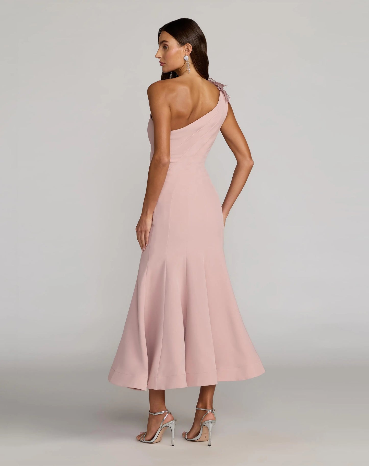 Pink One Shoulder Trumpet Midi Dress with 3D Flower Mac Duggal
