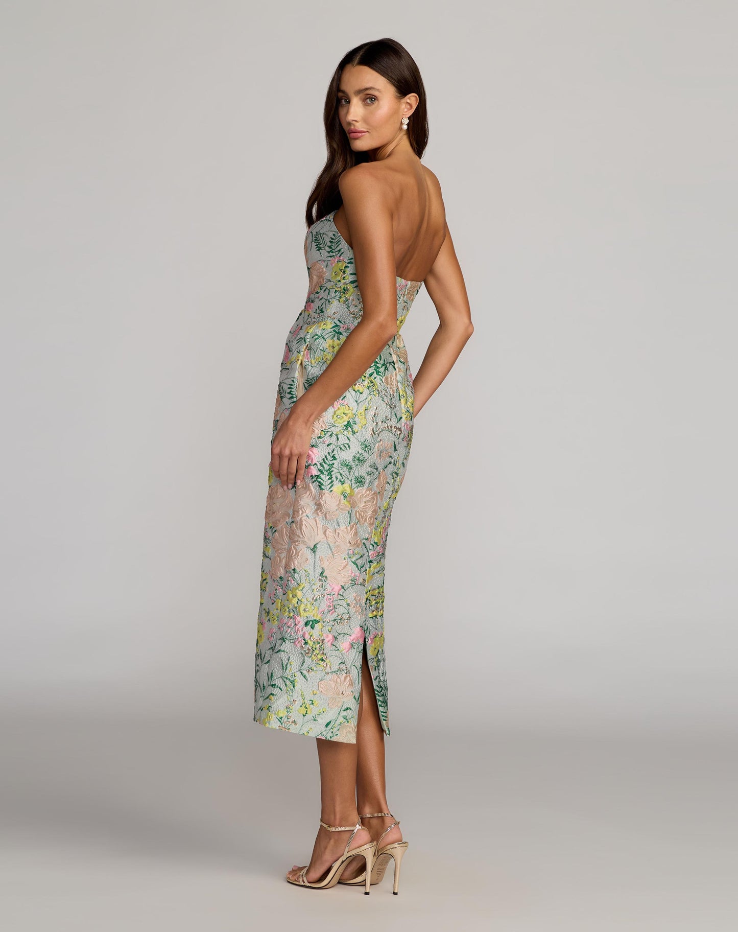 Multicolor Strapless Brocade Midi Dress With Pockets - Mac Duggal
