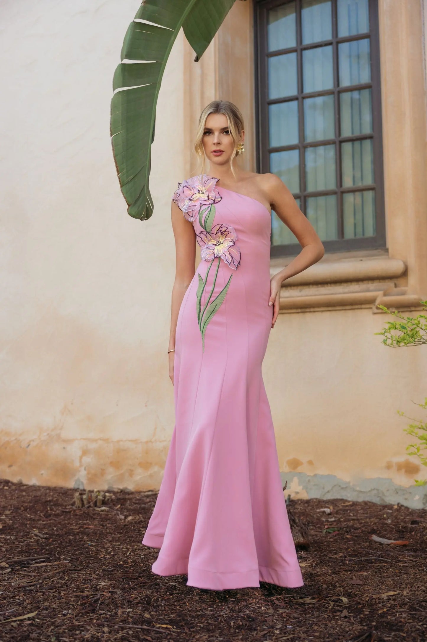 Pink One Shoulder Mermaid Gown With 3D Flower Mac Duggal