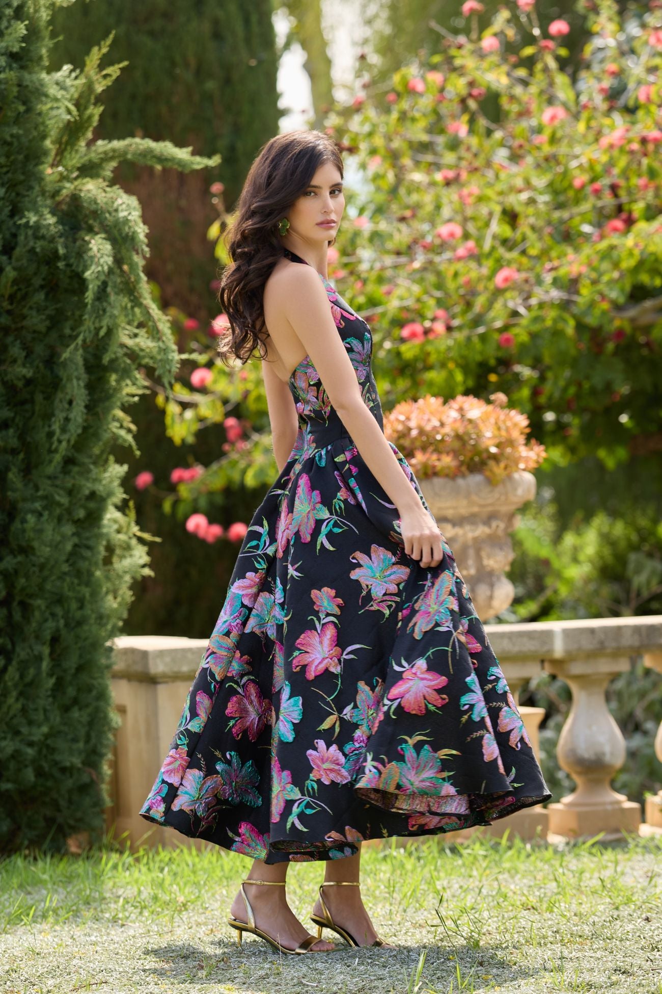 Black Brocade Halter Neck Open Back Midi Dress - Ieena for Mac Duggal