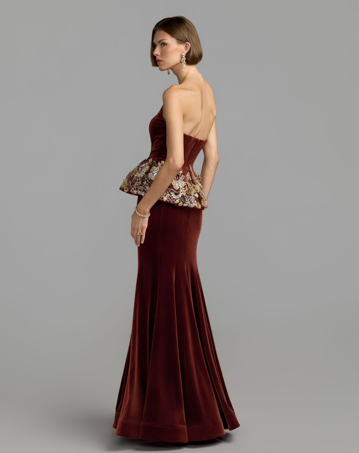 Dark Orange Strapless Embellished Velvet Peplum Gown - Mac Duggal