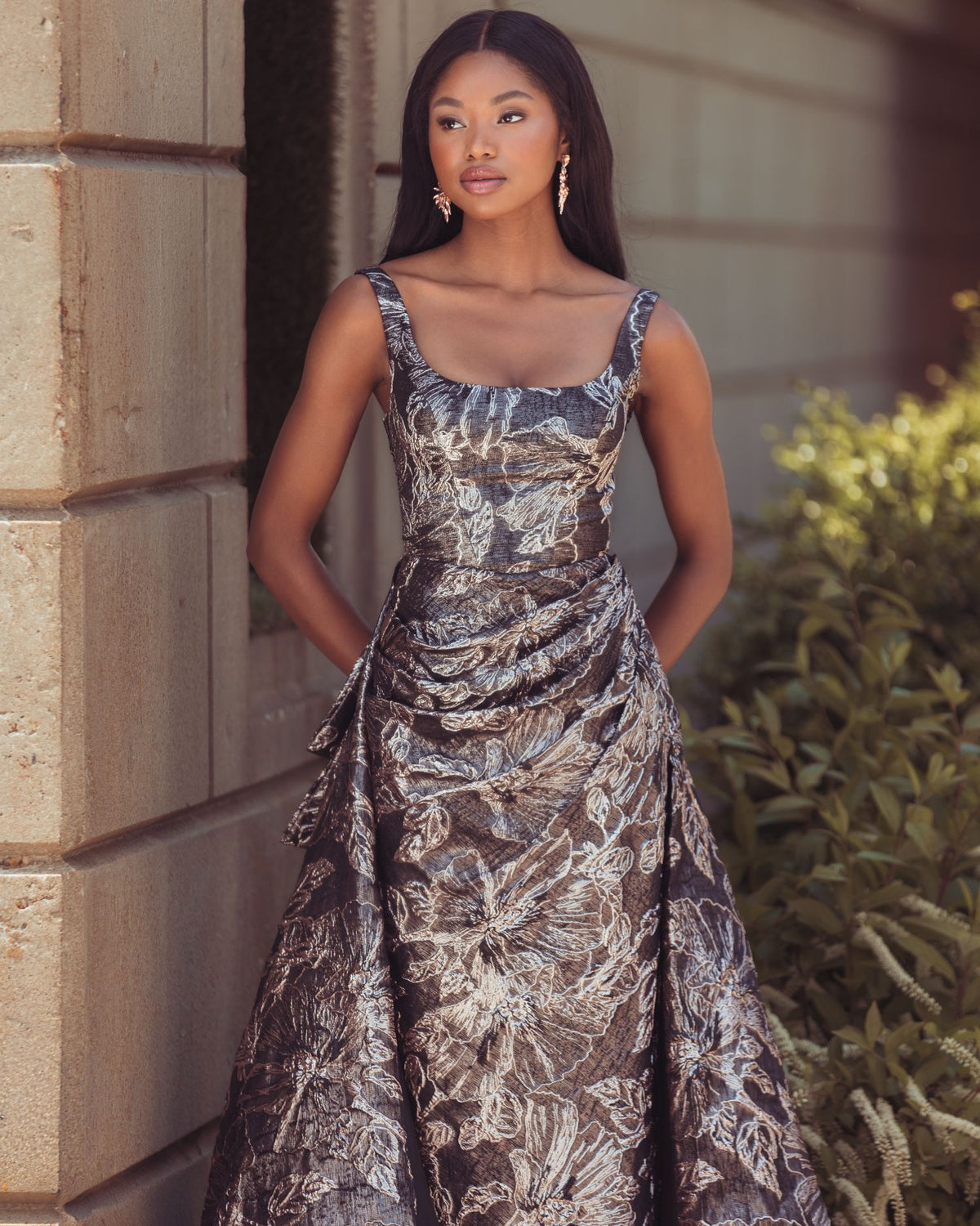 Black Metallic Floral Brocade Gown with Overskirt Mac Duggal