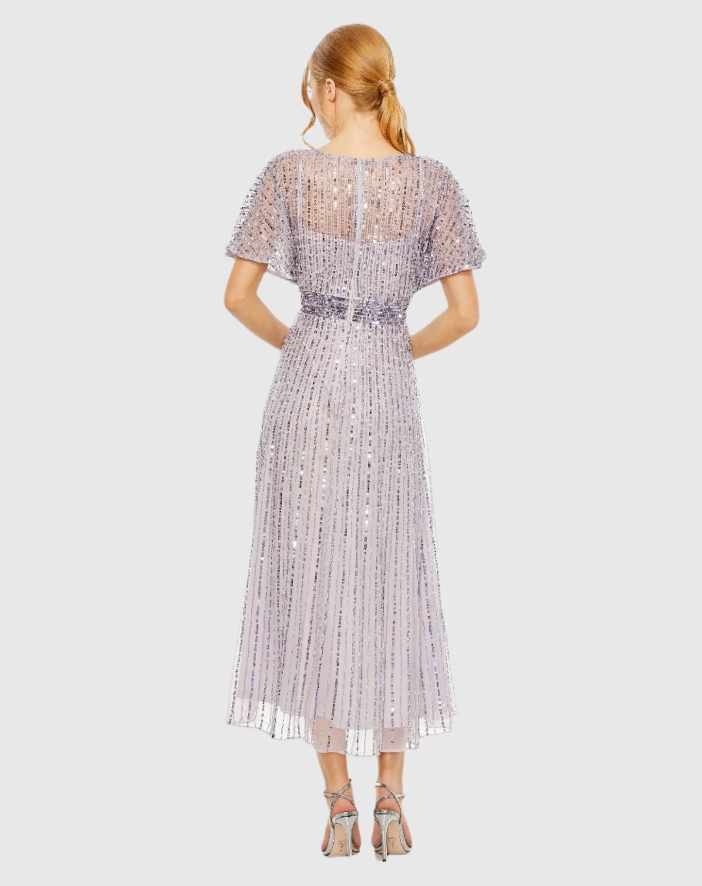 Purple Embellished Short Sleeve Empire Waist Dress Mac Duggal