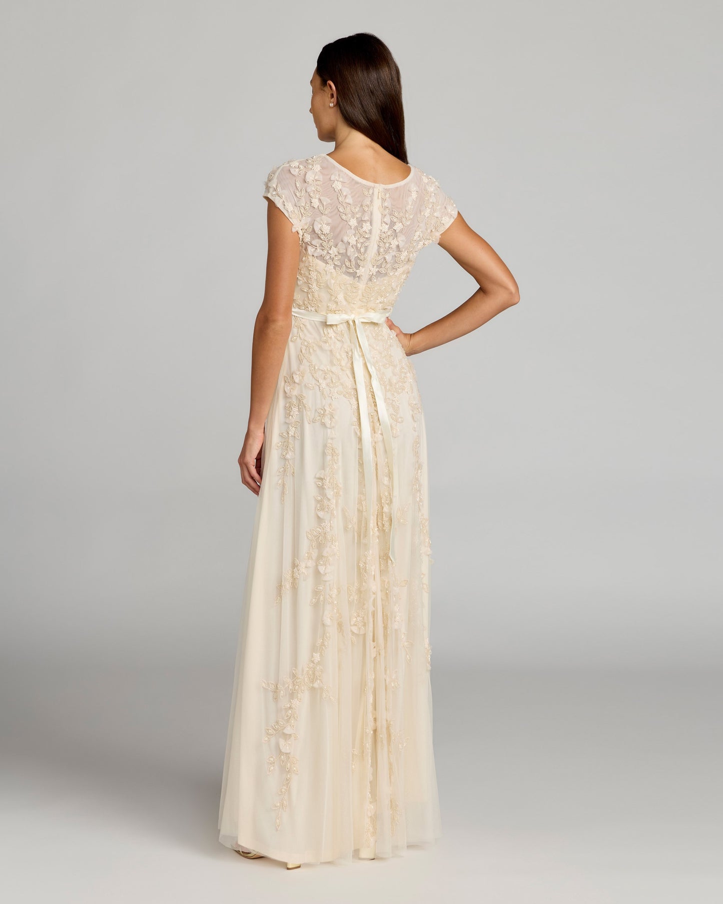 Yellow Floral Embellished Cap Sleeve Gown Mac Duggal