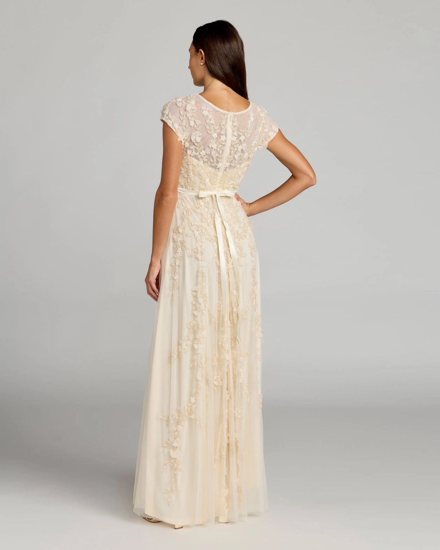 Yellow Floral Embellished Cap Sleeve Gown Mac Duggal