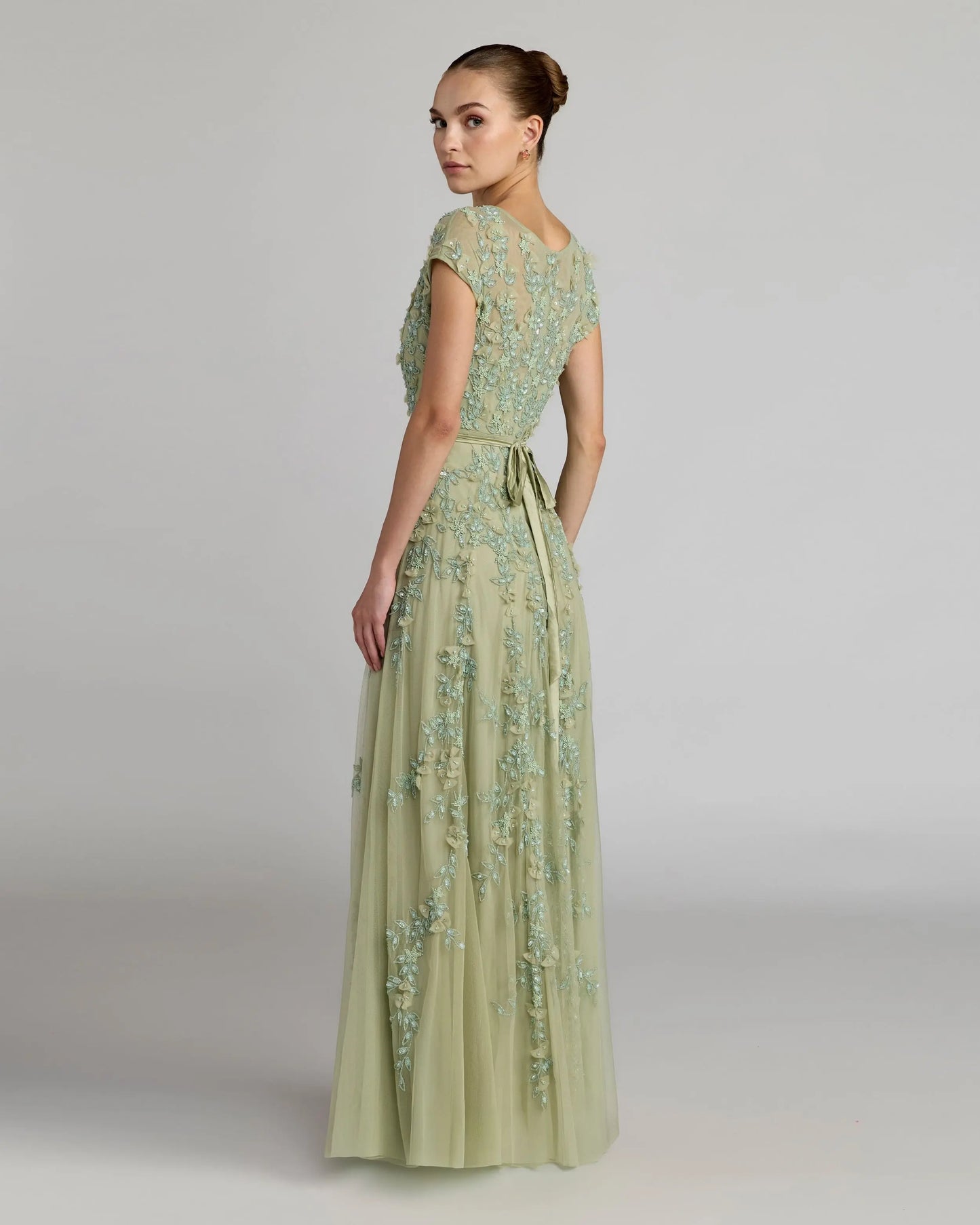 Green Floral Embellished Cap Sleeve Gown Mac Duggal