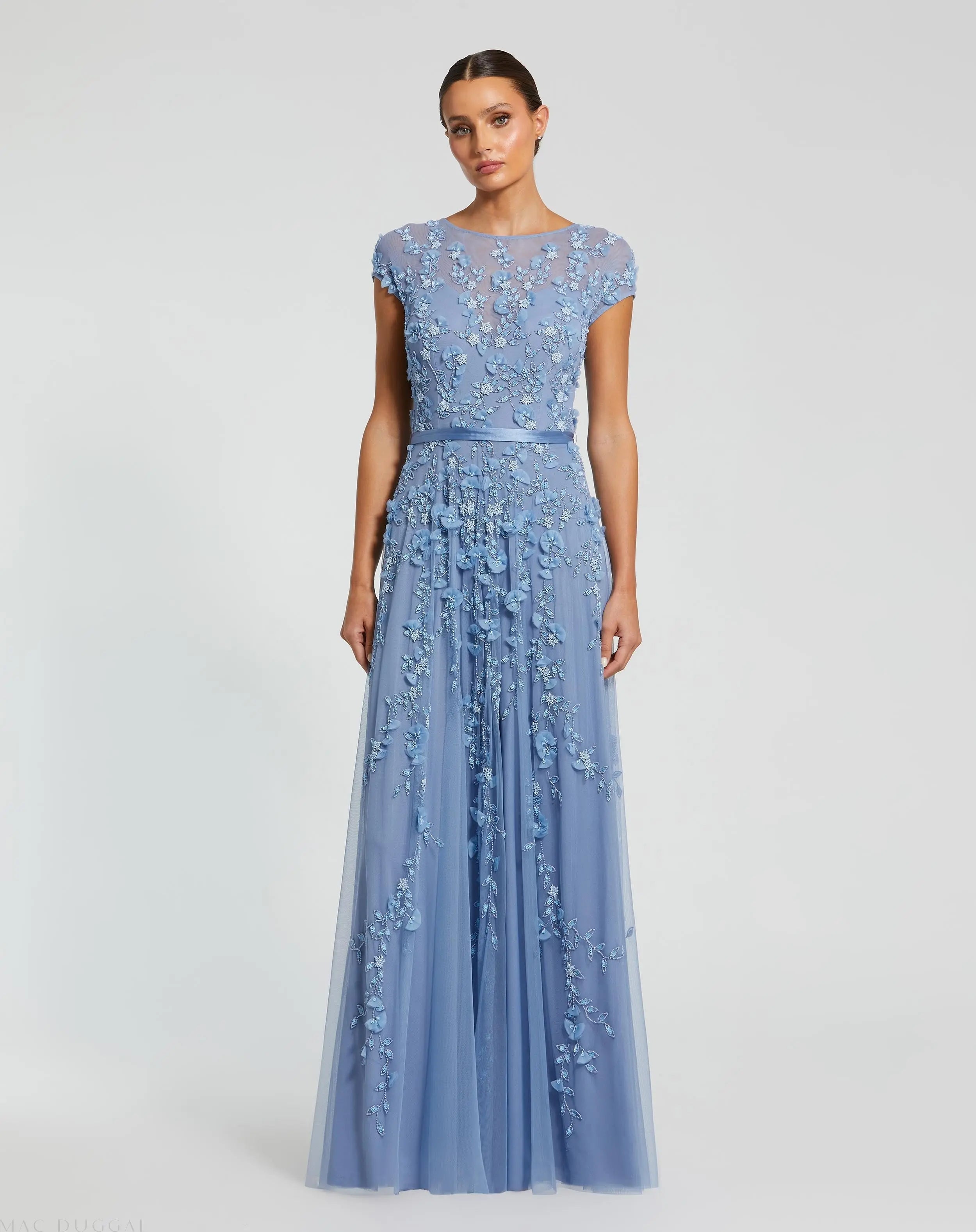 Blue Floral Embellished Cap Sleeve Gown | Mac Duggal Blue Floral Embellished Cap Sleeve Gown | Mac Duggal