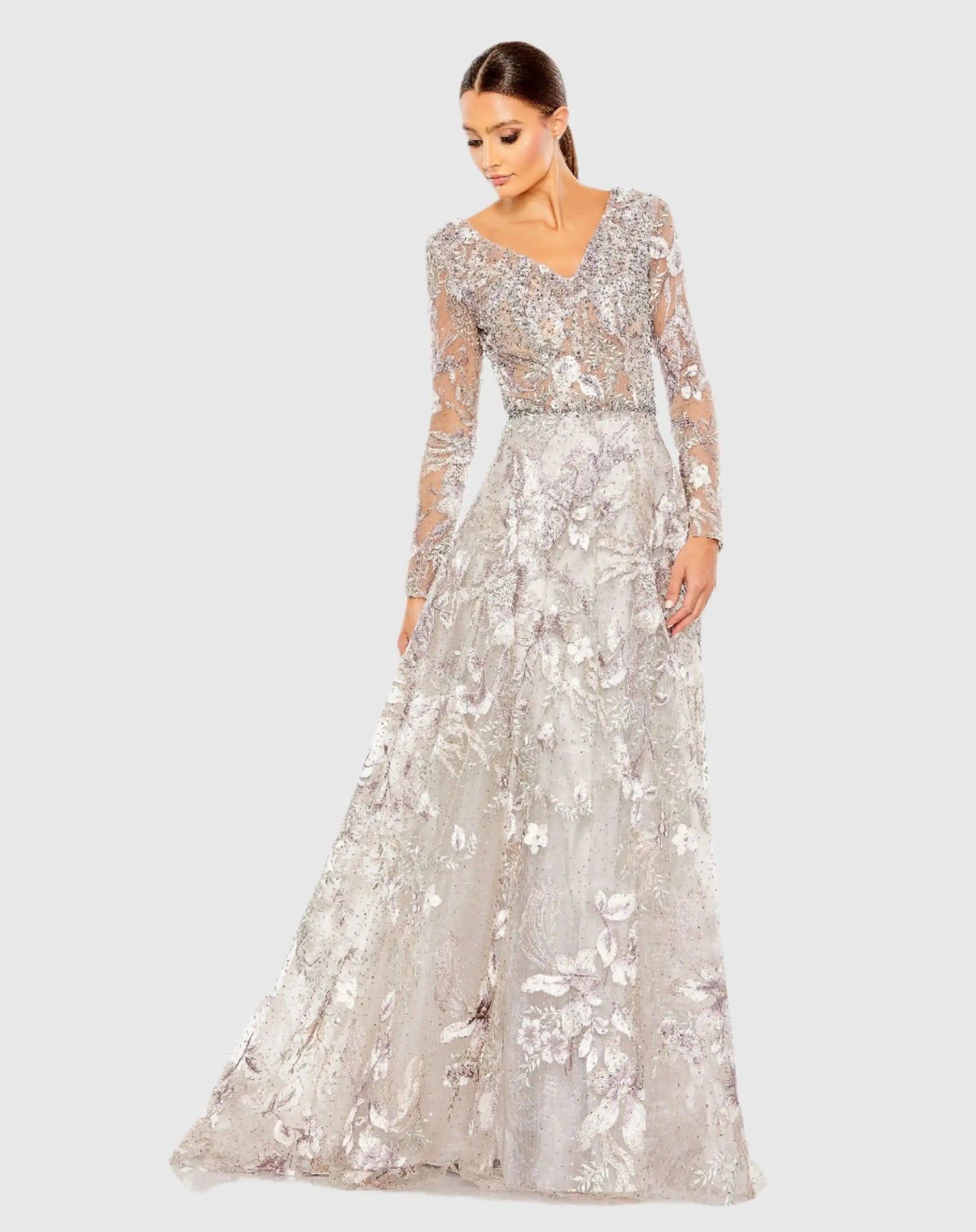 Long Sleeve Beaded Applique Gown - Mac Duggal