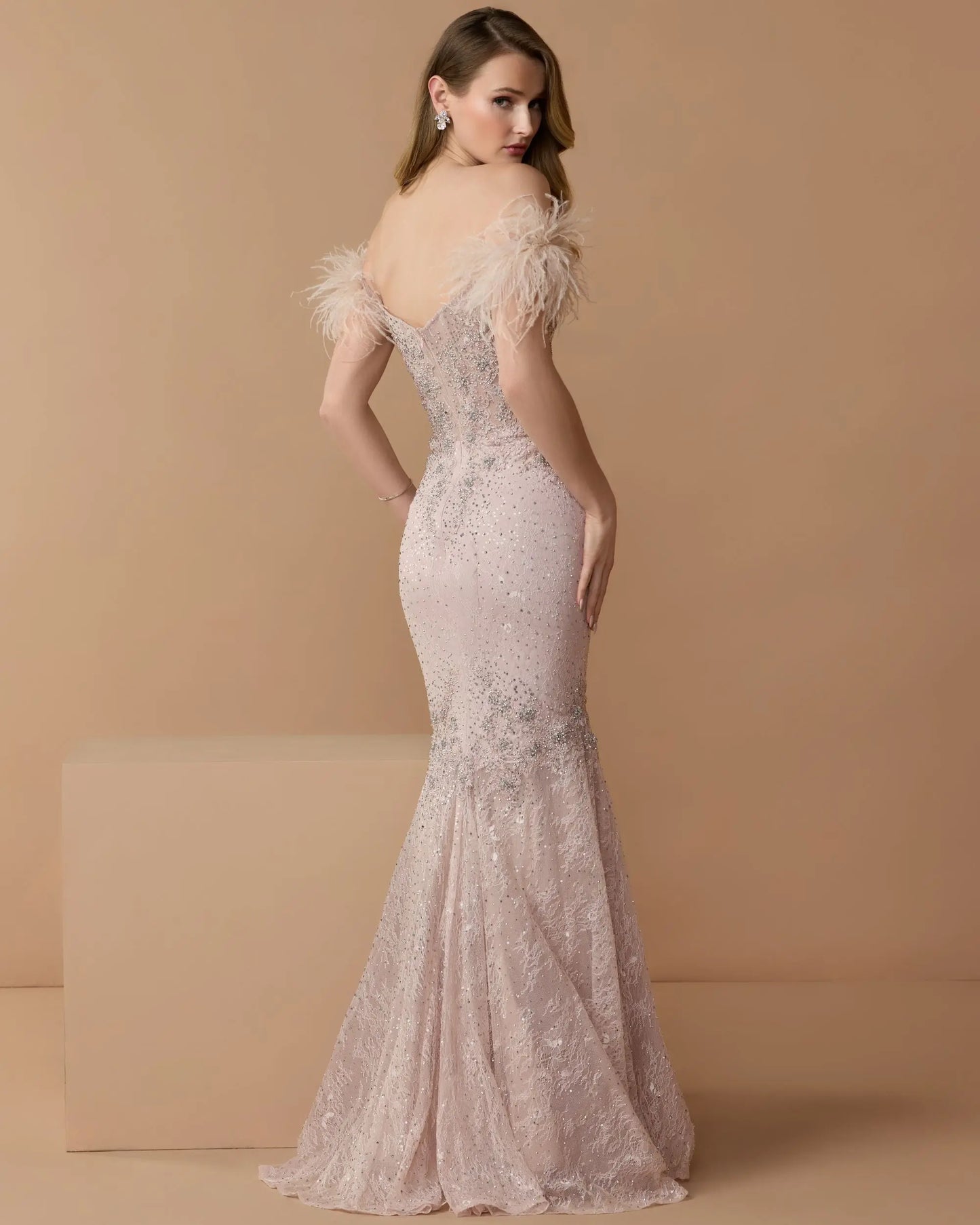 Pink Off The Shoulder Embellished Lace Feather Trim Gown Mac Duggal