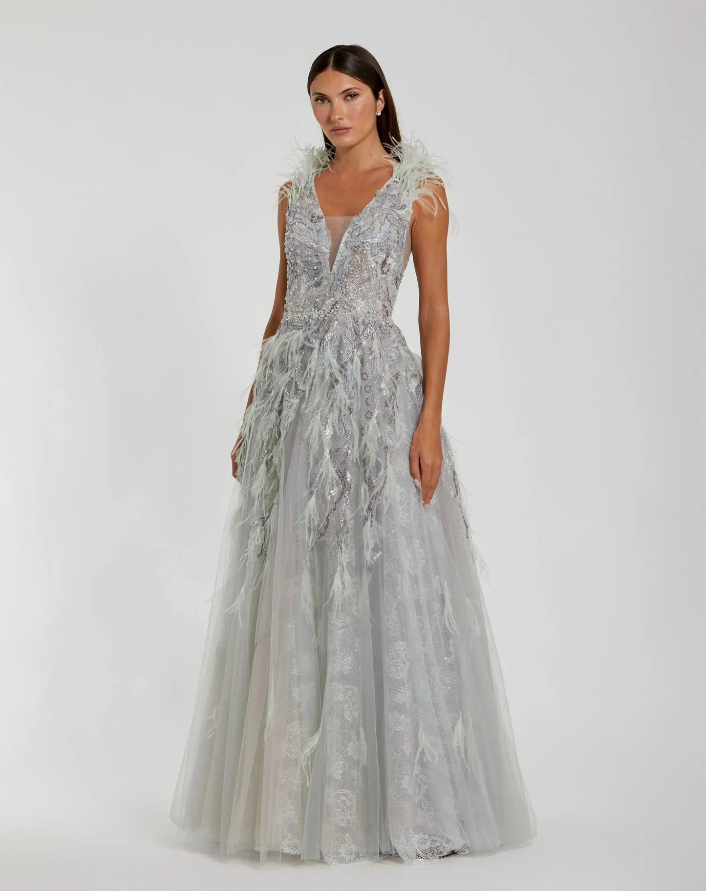 Green Embellished Feathered Sleeveless A Line Gown - Mac Duggal