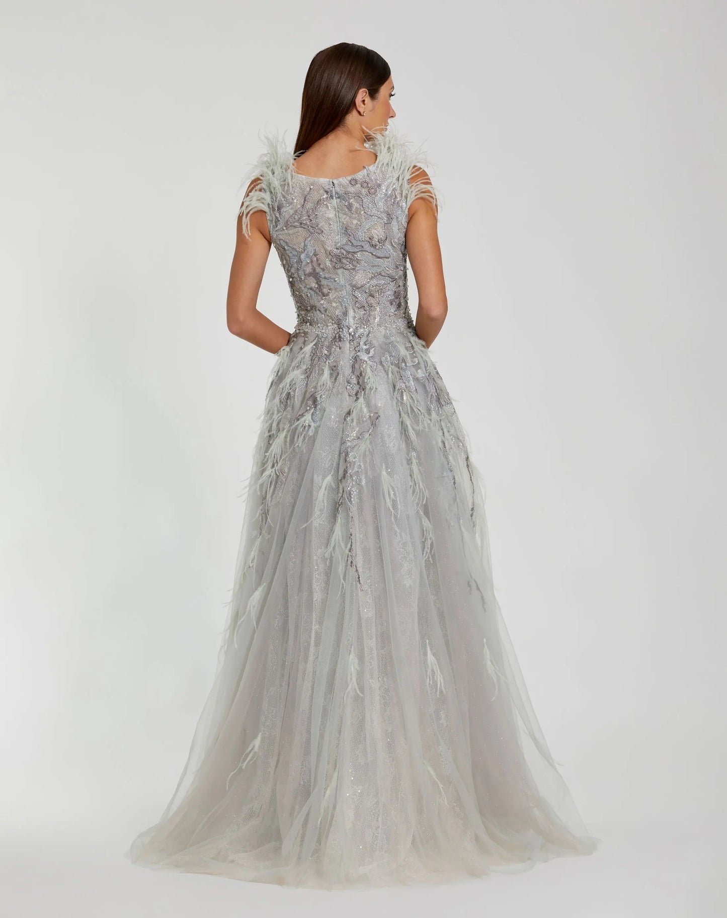 Green Embellished Feathered Sleeveless A Line Gown - Mac Duggal