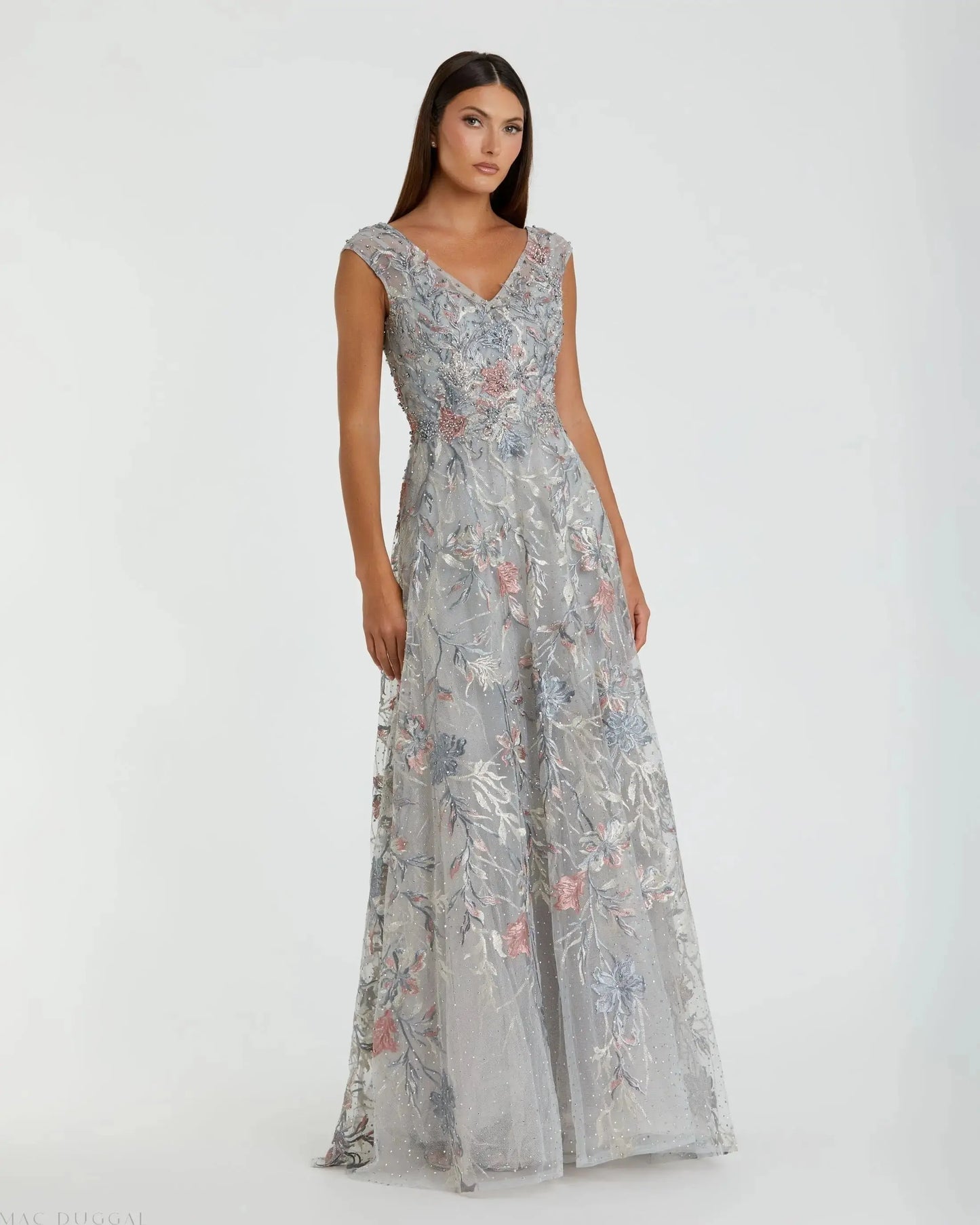 Gray Embroidered Illusion Cap Sleeve A Line Gown - Mac Duggal