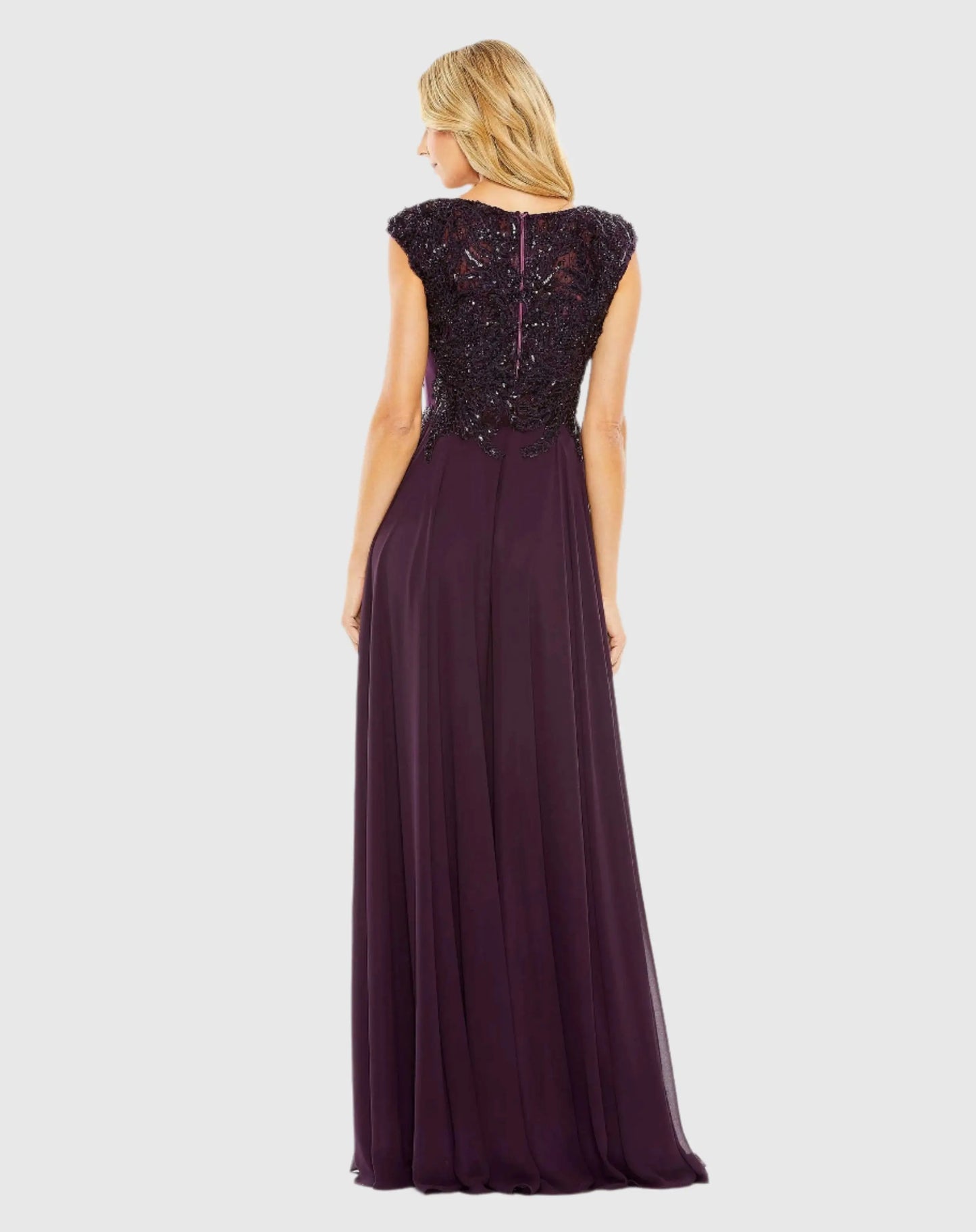 Purple Applique Cap Sleeve Bodice Flowy Gown - Mac Duggal