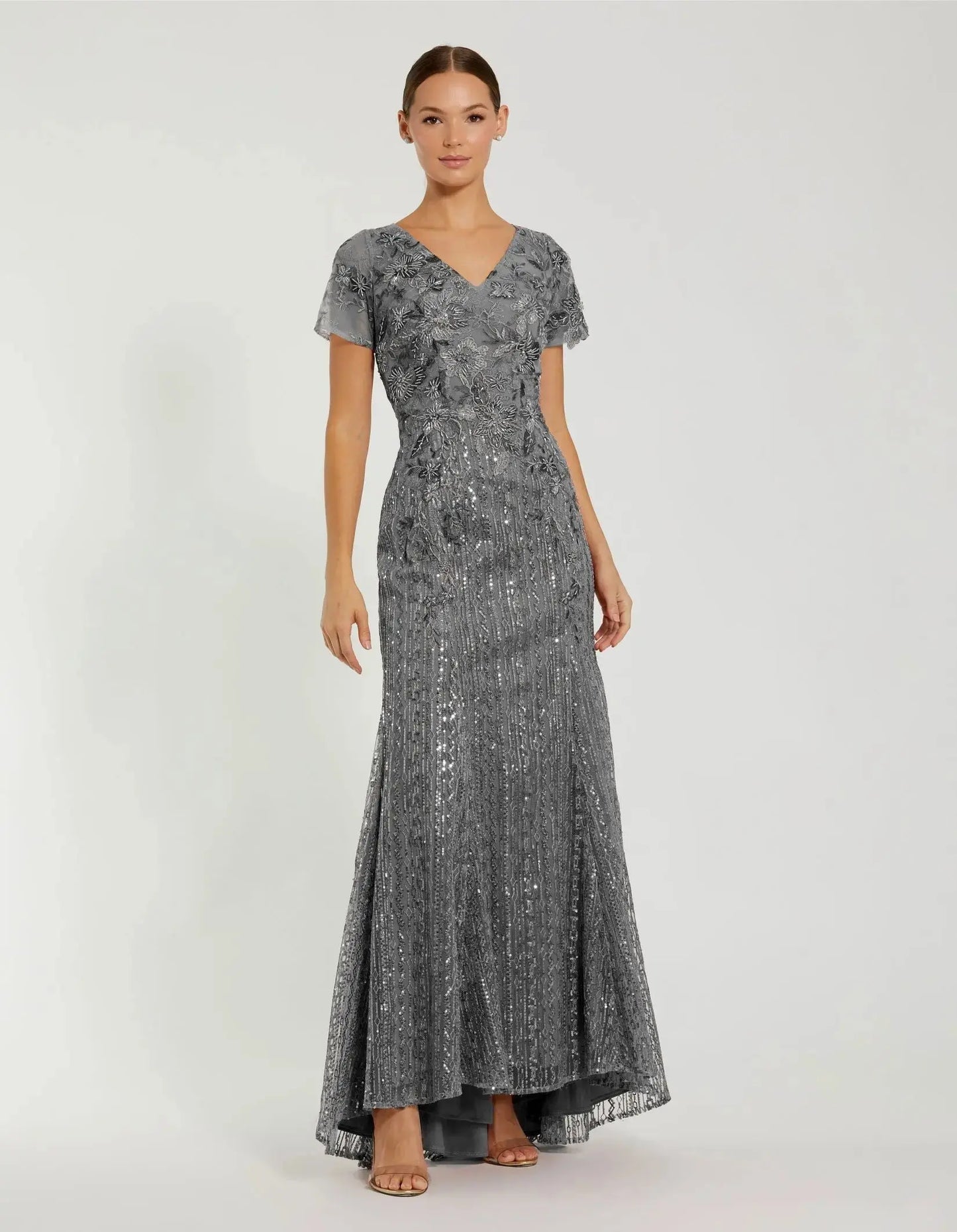 Gray Embellished V Neck Cap Sleeve Trumpet Gown - Mac Duggal