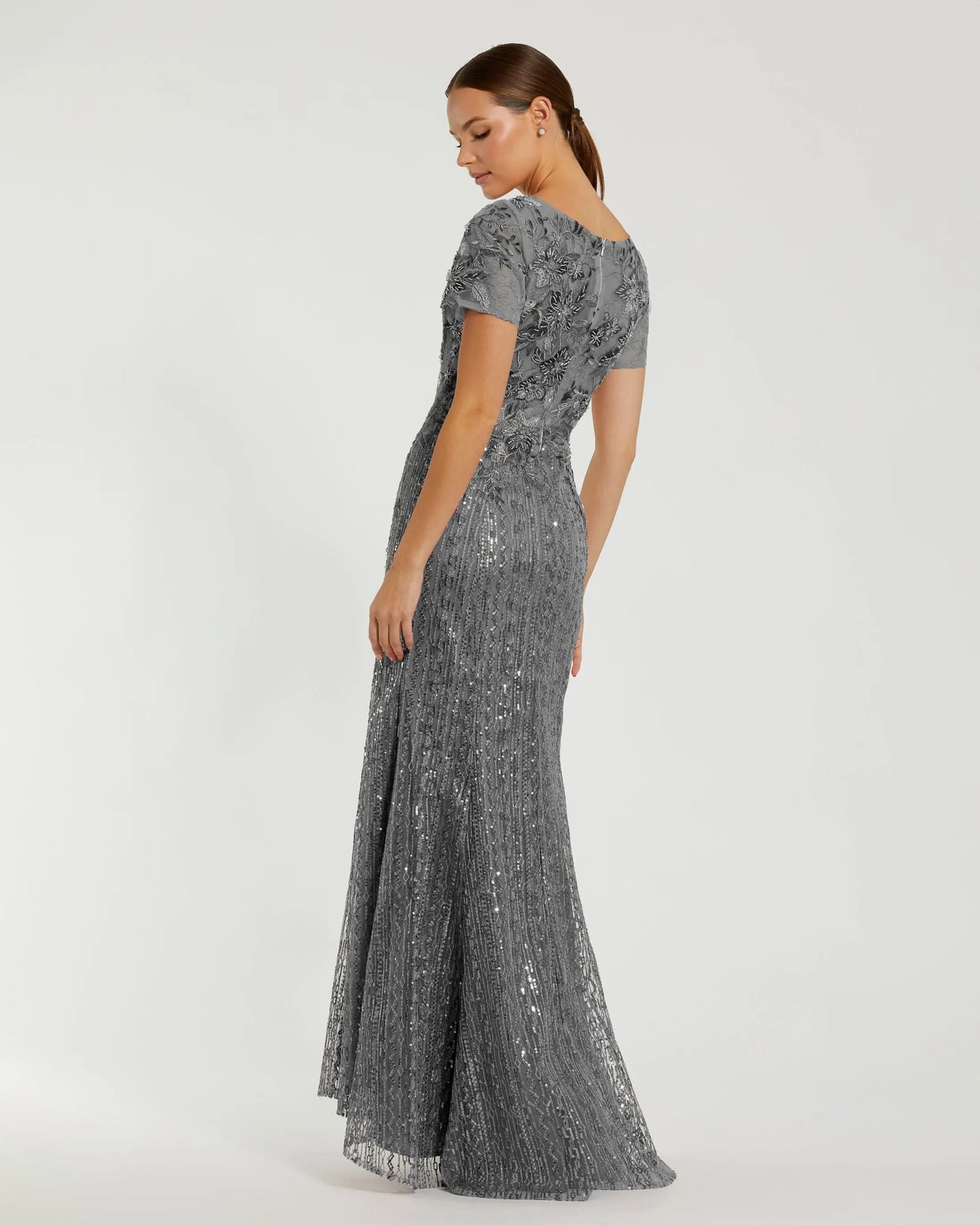 Gray Embellished V Neck Cap Sleeve Trumpet Gown - Mac Duggal
