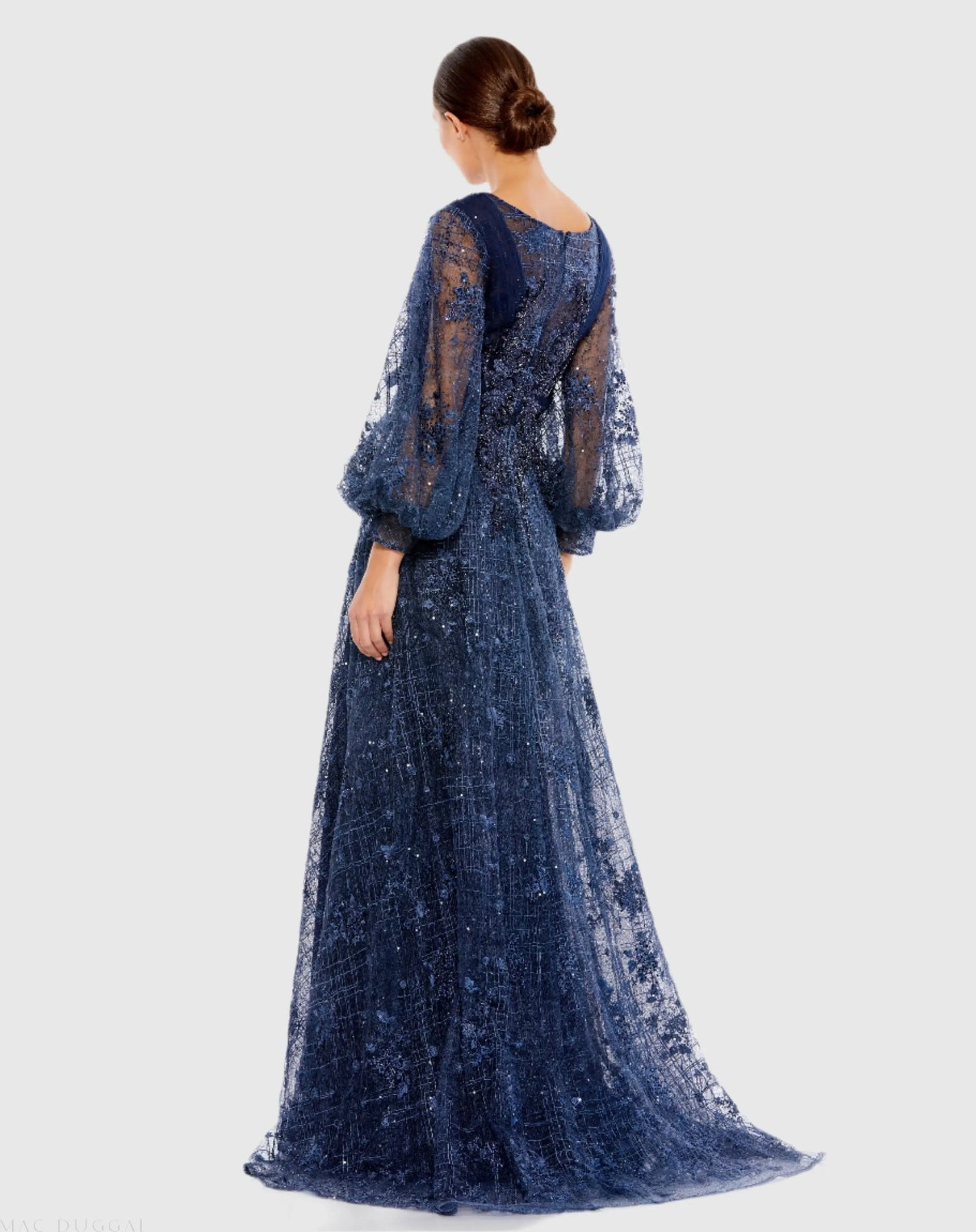 Blue Embellished Plunge Neck Puff Sleeve A Line Gown - Mac Duggal