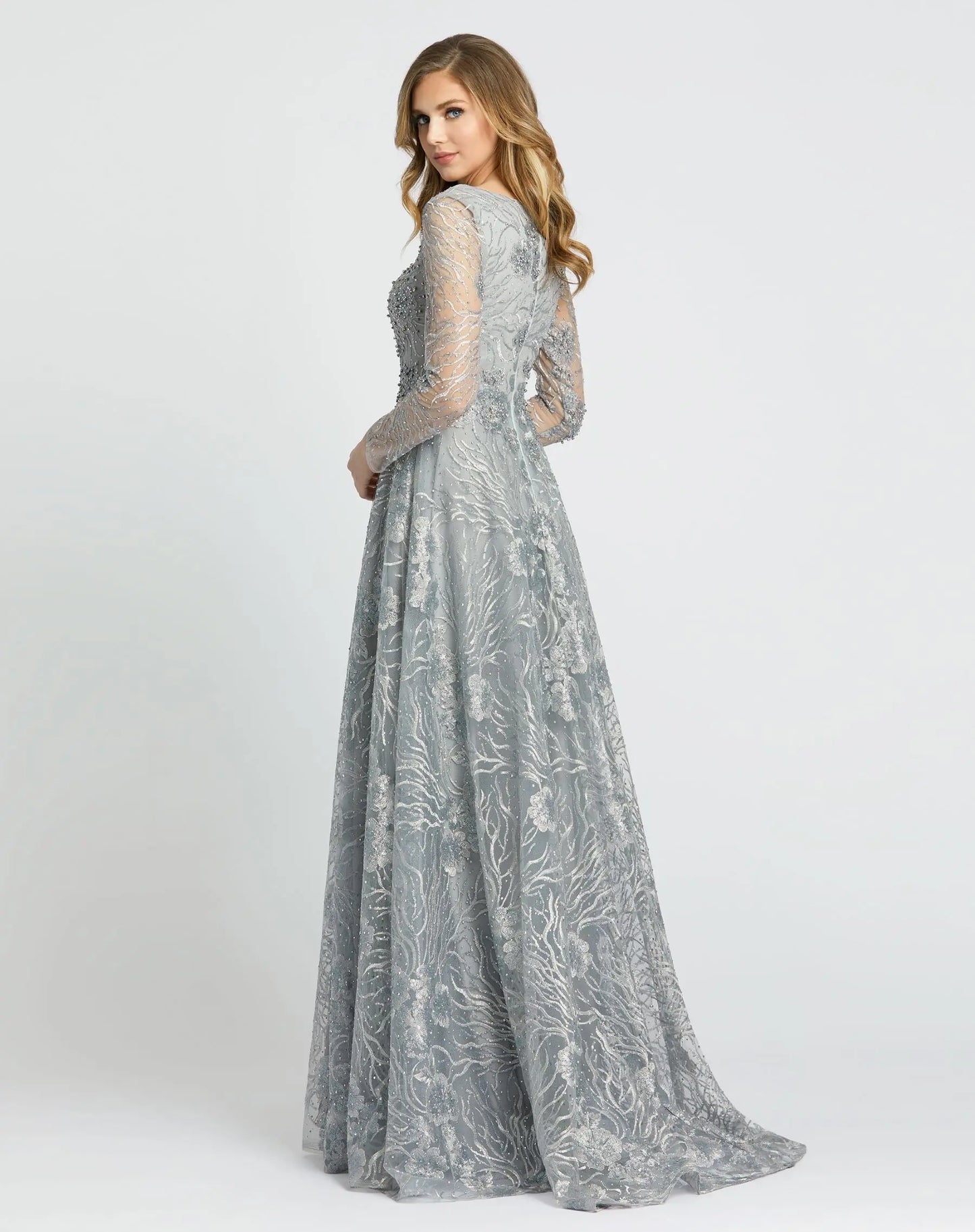 Gray Jewel Encrusted Long Sleeve Square Neck Gown - Mac Duggal