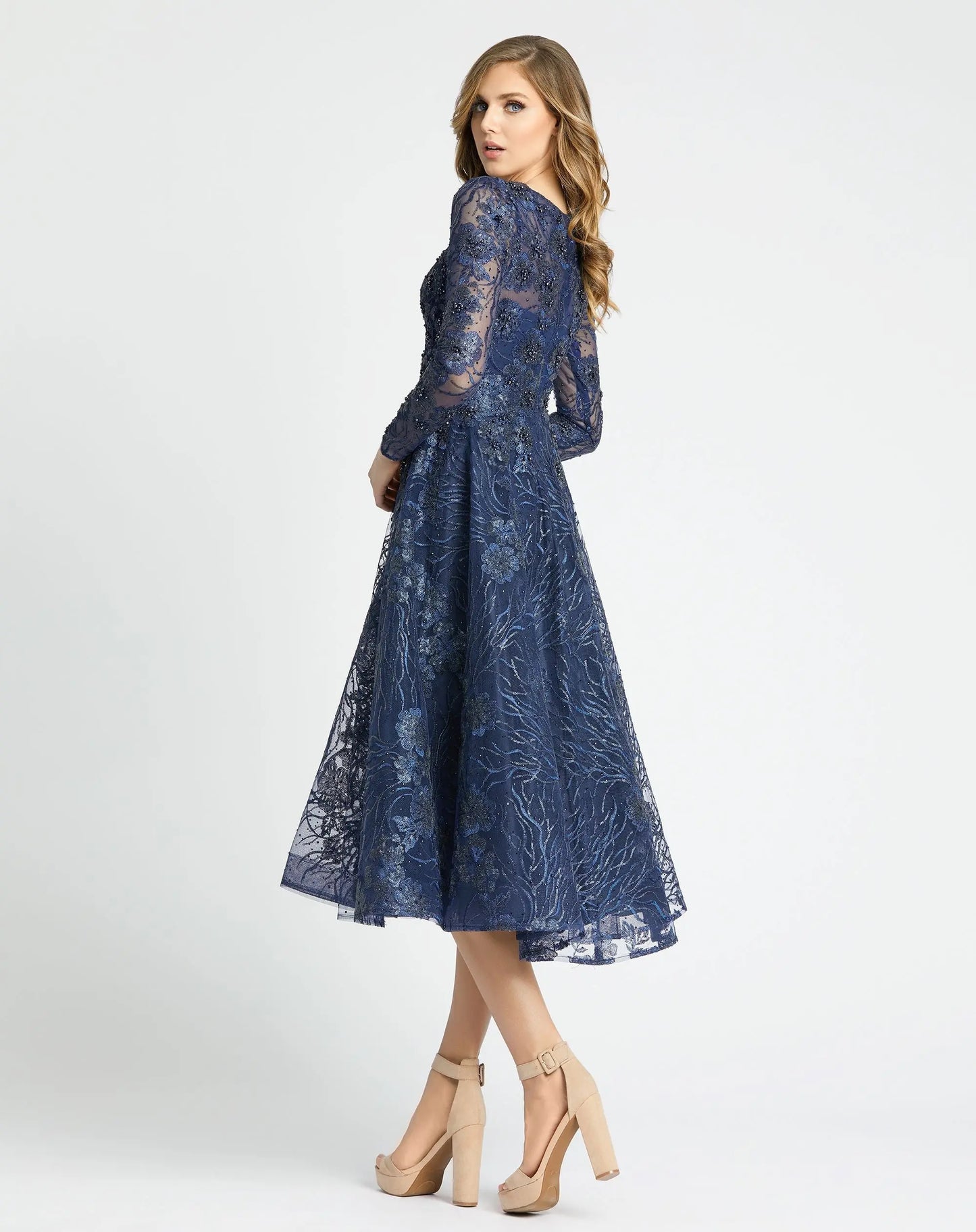Navy Embellished Plunge Neck Illusion Long Sleeve Midi - Mac Duggal