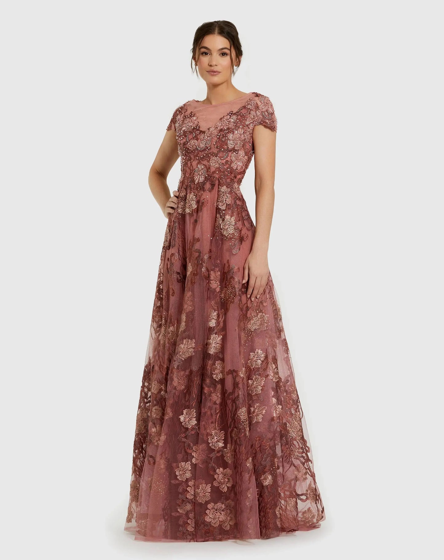 Pink Floral Embroidered Cap Sleeve Evening Gown - Mac Duggal