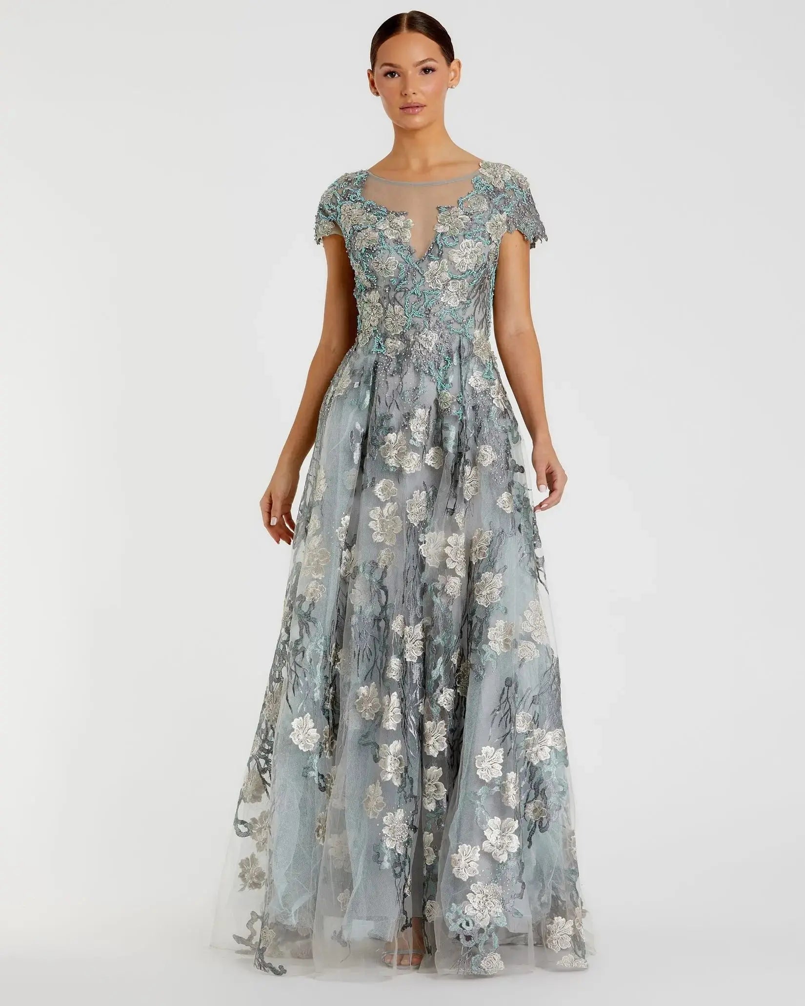 Floral Embroidered Cap Sleeve Evening Gown - Mac Duggal Floral Embroidered Cap Sleeve Evening Gown - Mac Duggal