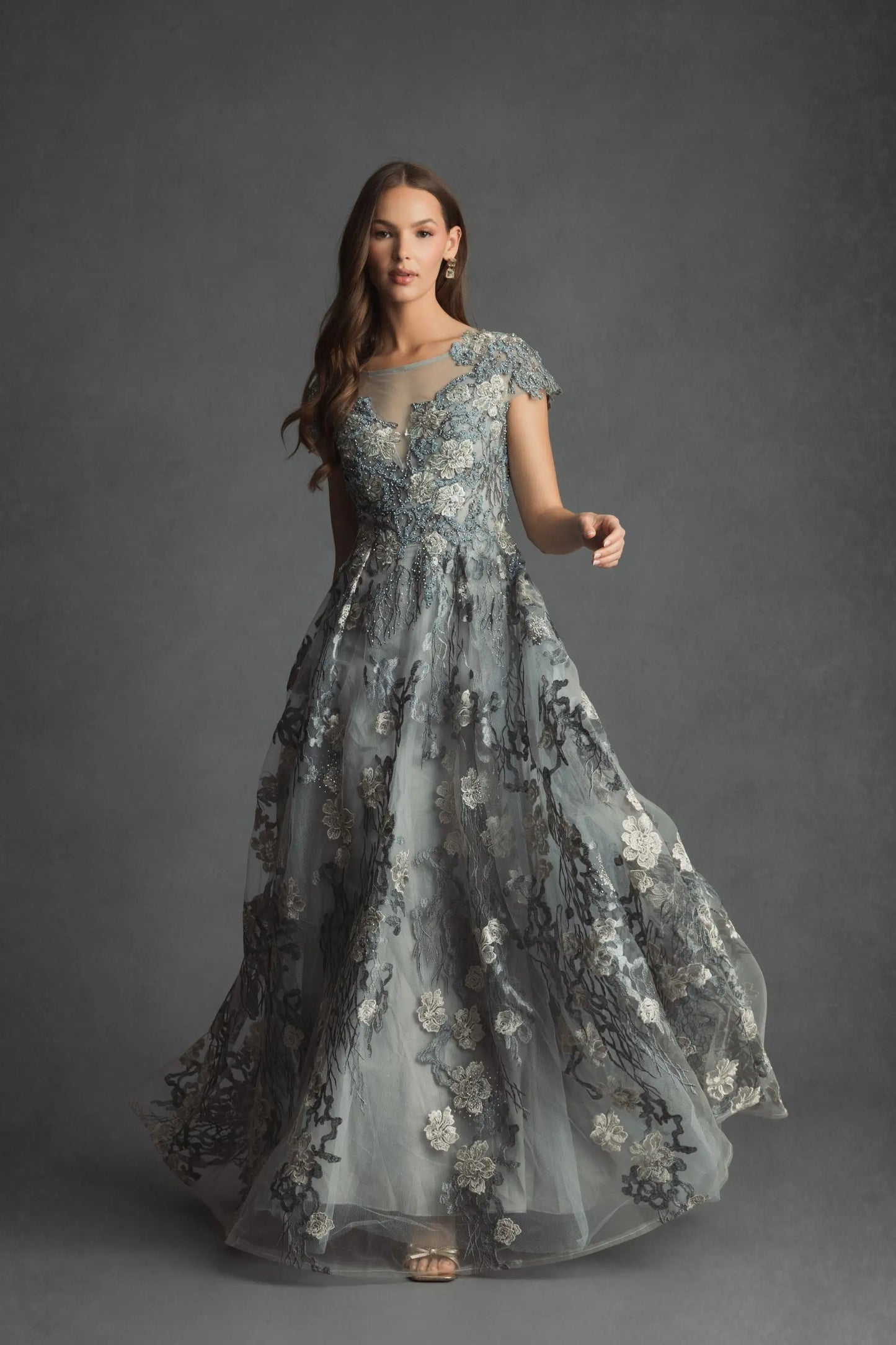 Green Floral Embroidered Short Sleeve Gown - Mac Duggal