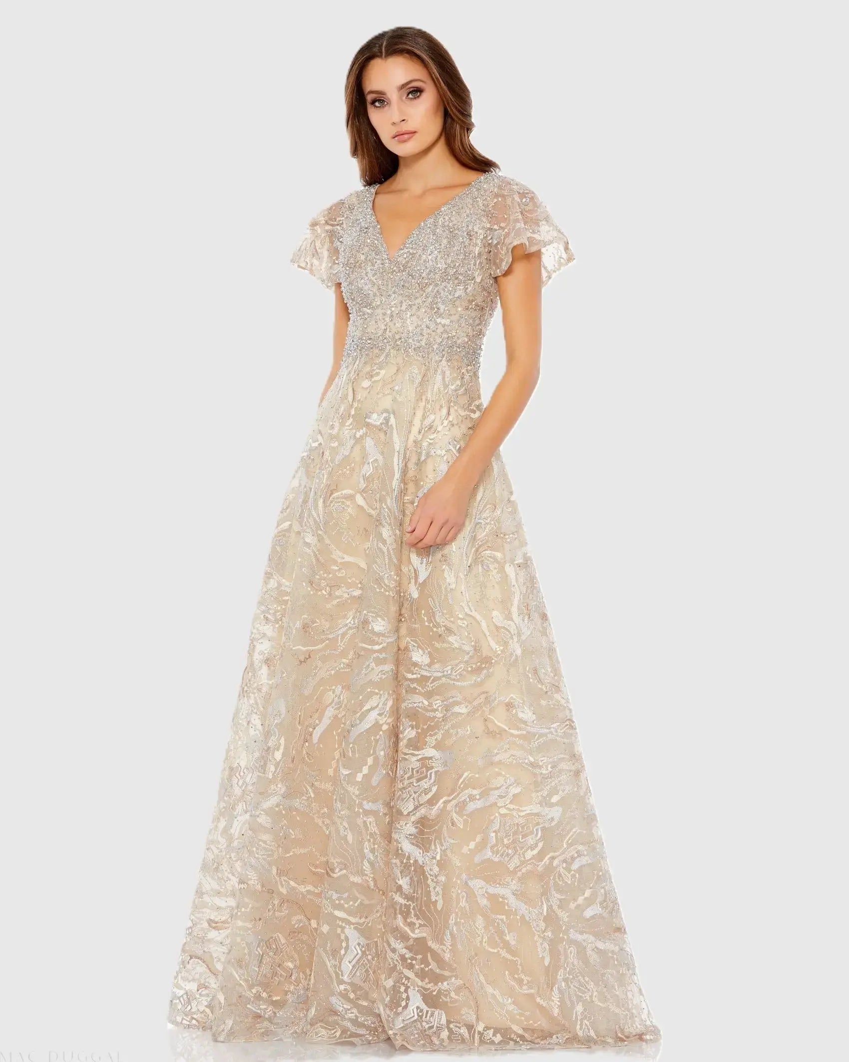 Mac Duggal - Beige Embellished Illusion Butterfly Sleeve A-Line Gown - US 10 Mac Duggal - Beige Embellished Illusion Butterfly Sleeve A-Line Gown - US 10