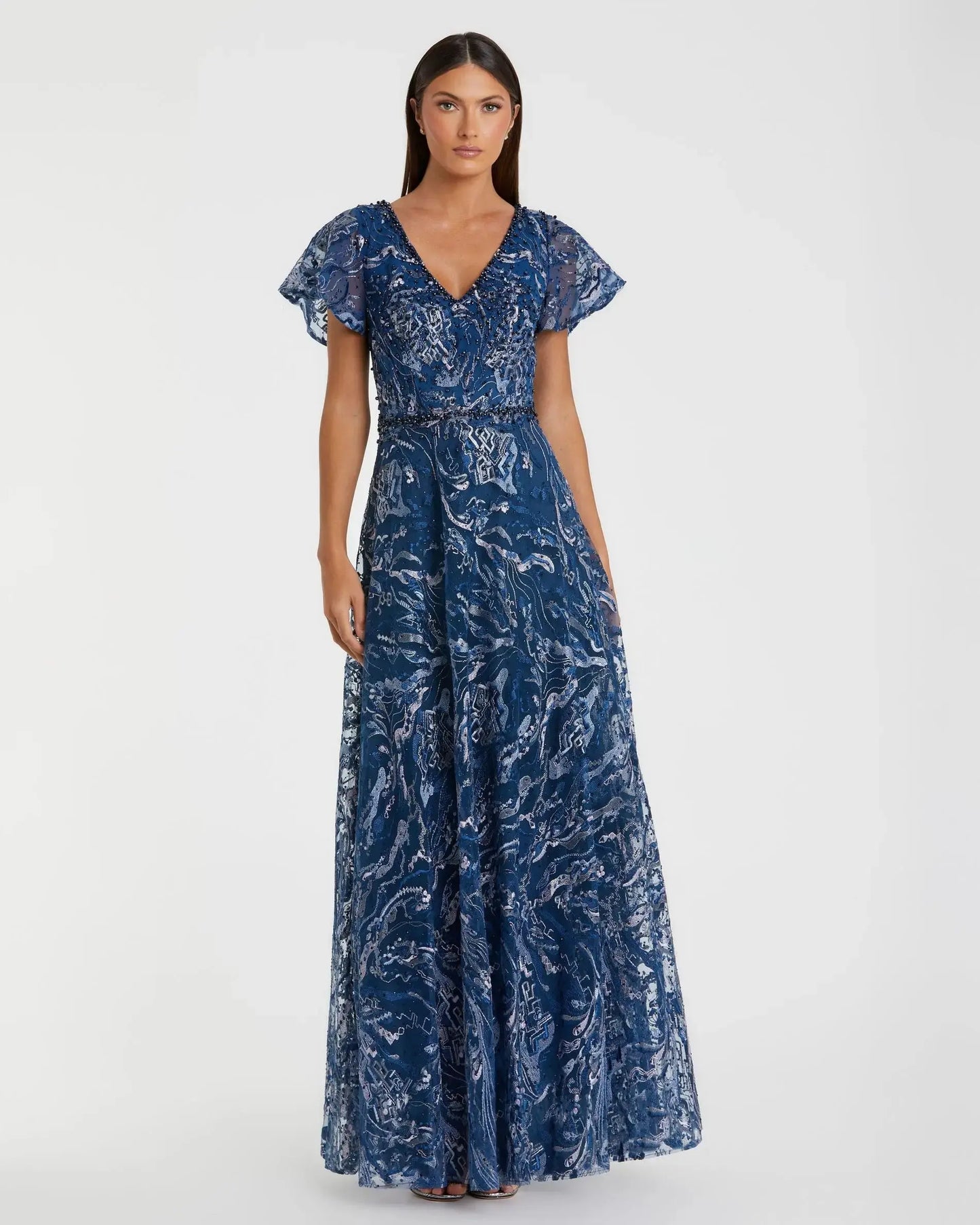 Navy Embellished Illusion Butterfly Sleeve A-Line Gown - Mac Duggal