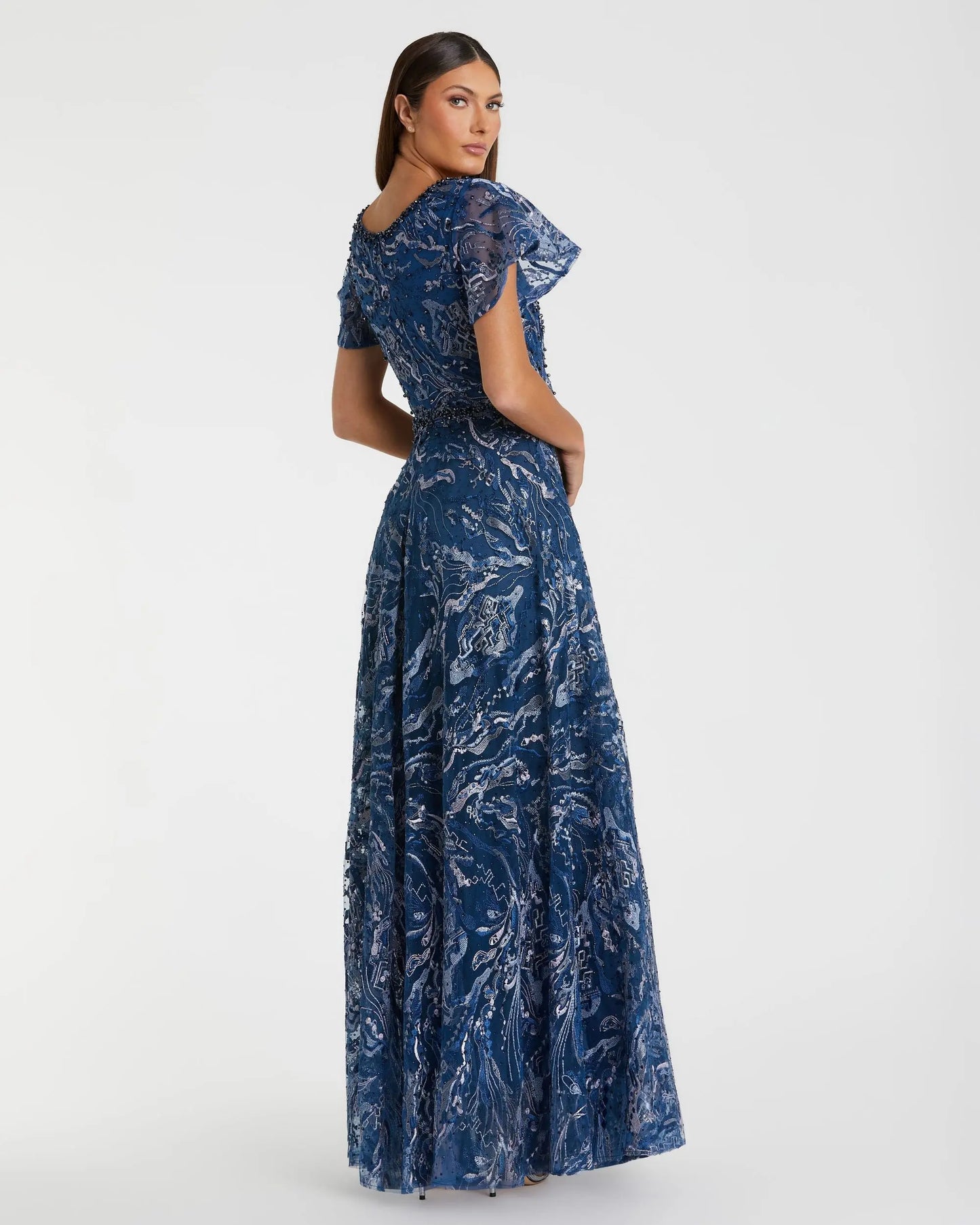 Navy Embellished Illusion Butterfly Sleeve A-Line Gown - Mac Duggal