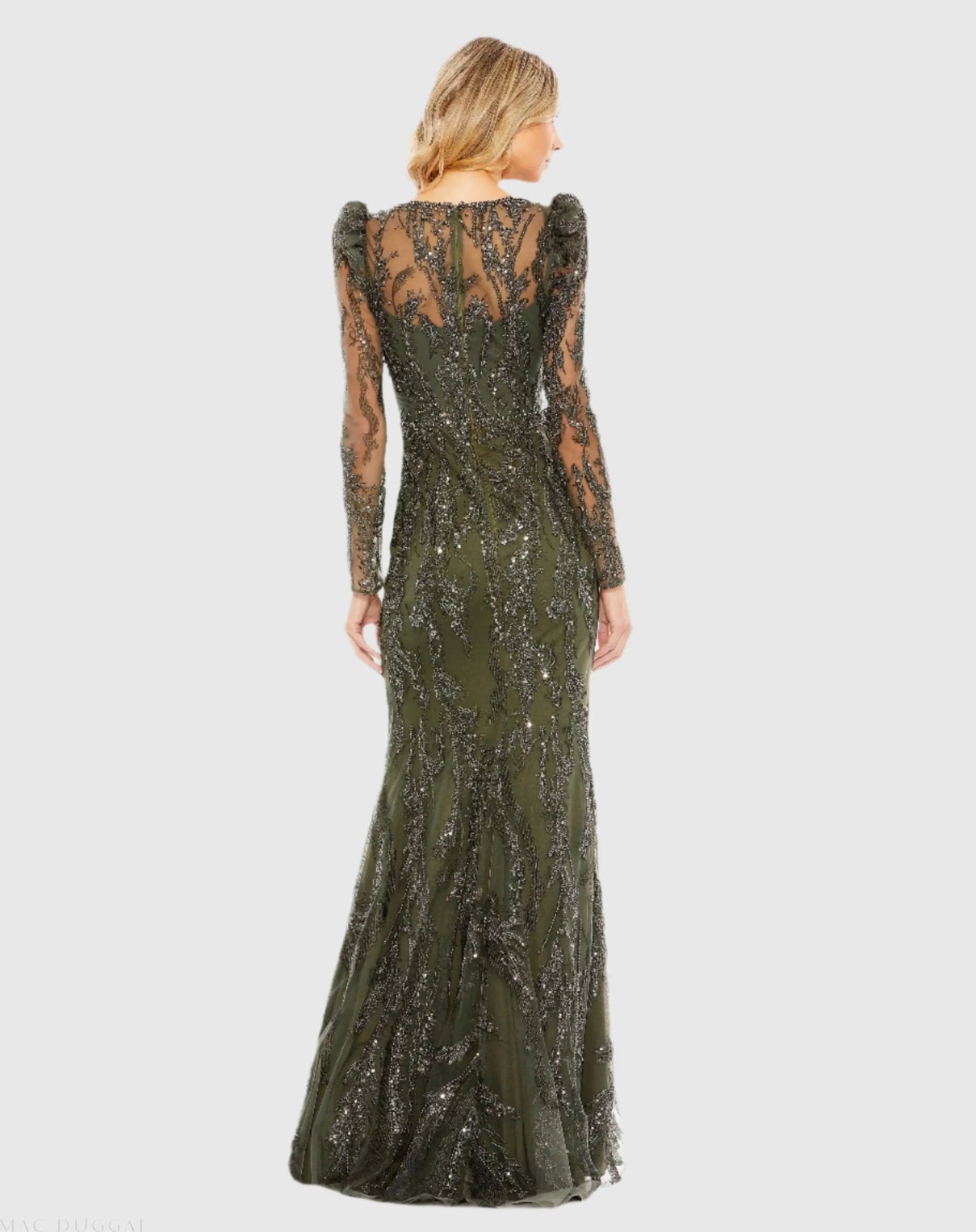 Green Embellished Puff Sleeve V Neck Gown - Mac Duggal