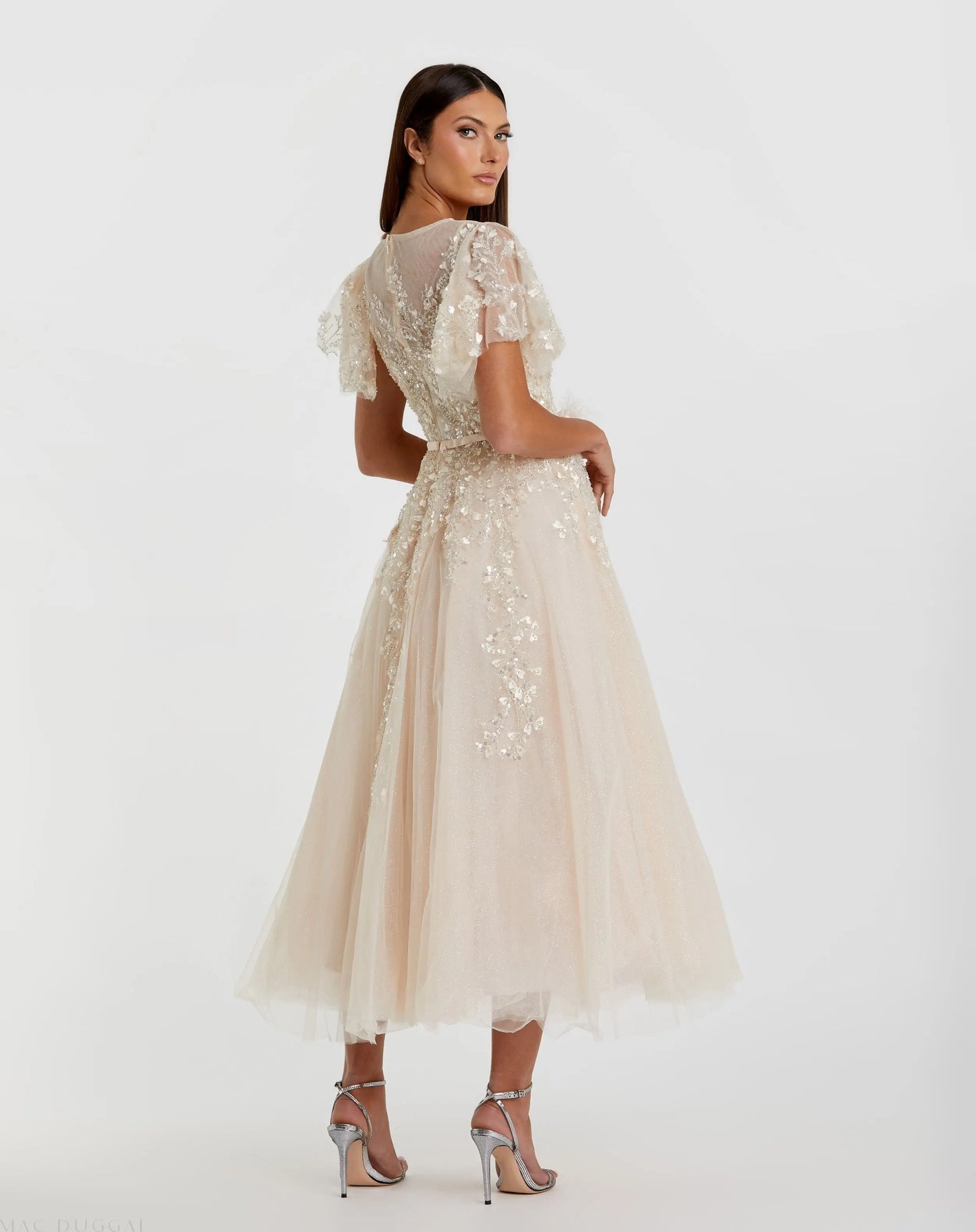 Beige Embellished Flutter Sleeve Bow Waist A Line Dress - Mac Duggal