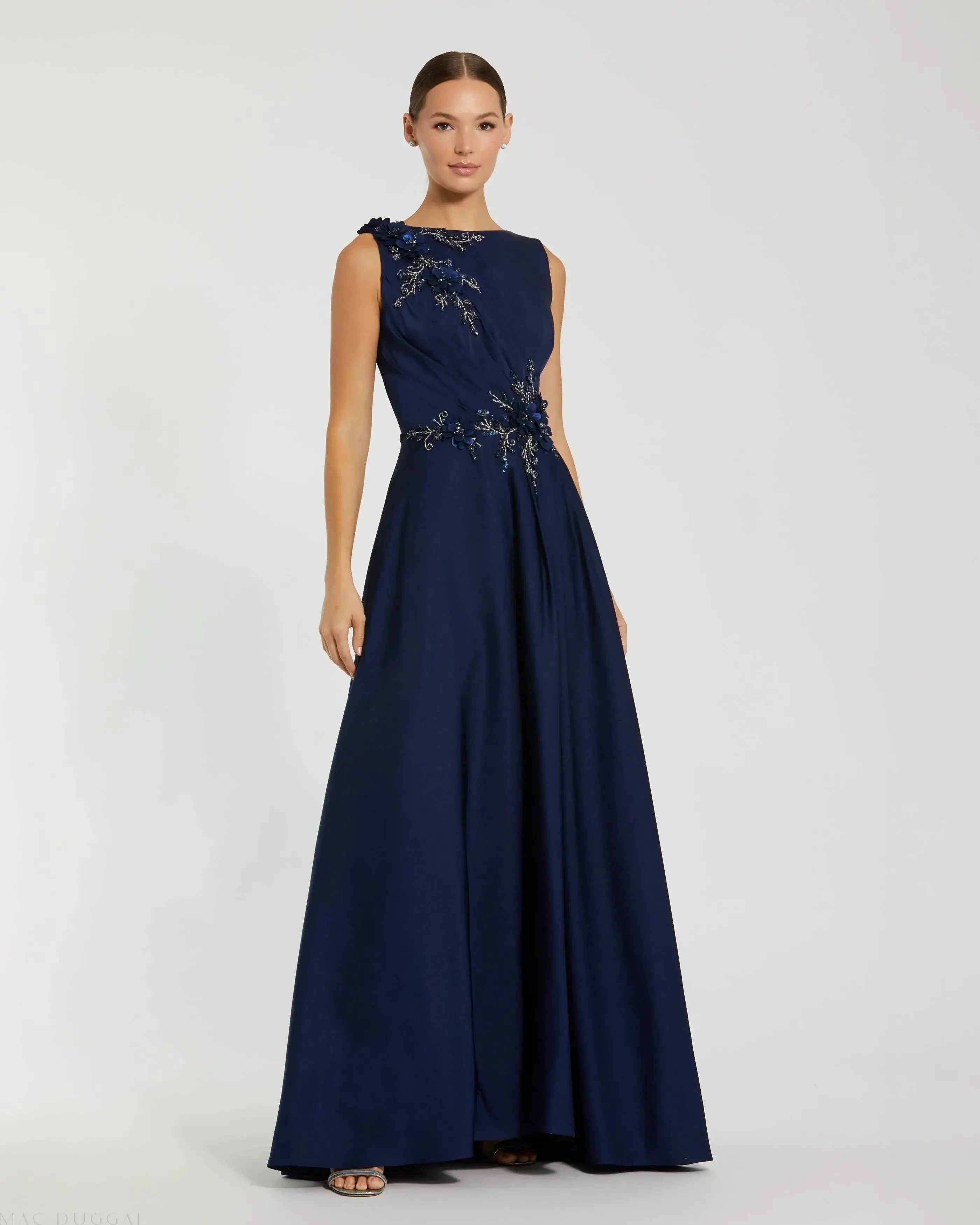 Navy Floral Applique Sleeveless A Line Gown - Mac Duggal Navy Floral Applique Sleeveless A Line Gown - Mac Duggal