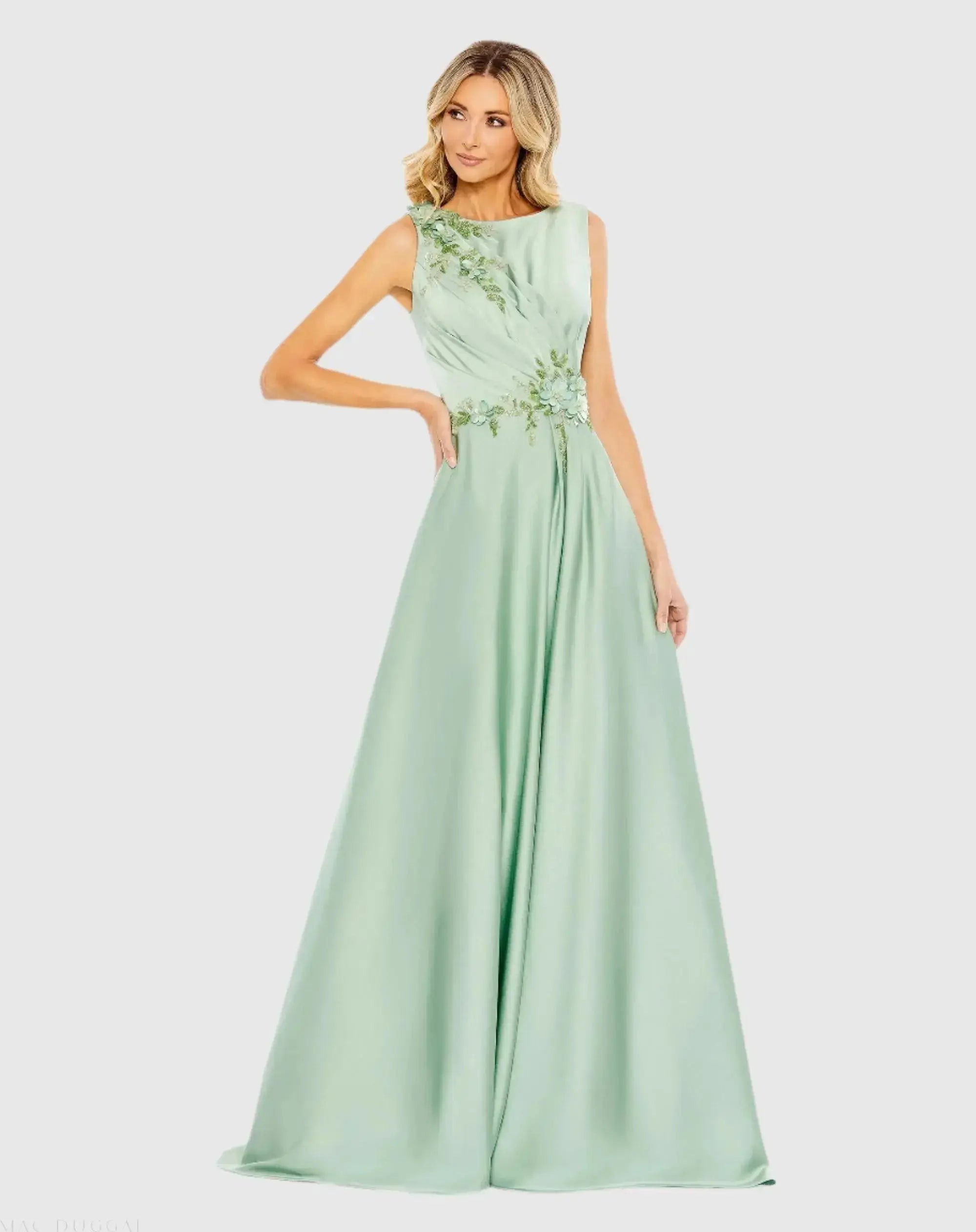 Green Floral Applique Sleeveless A Line Gown | Mac Duggal Green Floral Applique Sleeveless A Line Gown | Mac Duggal