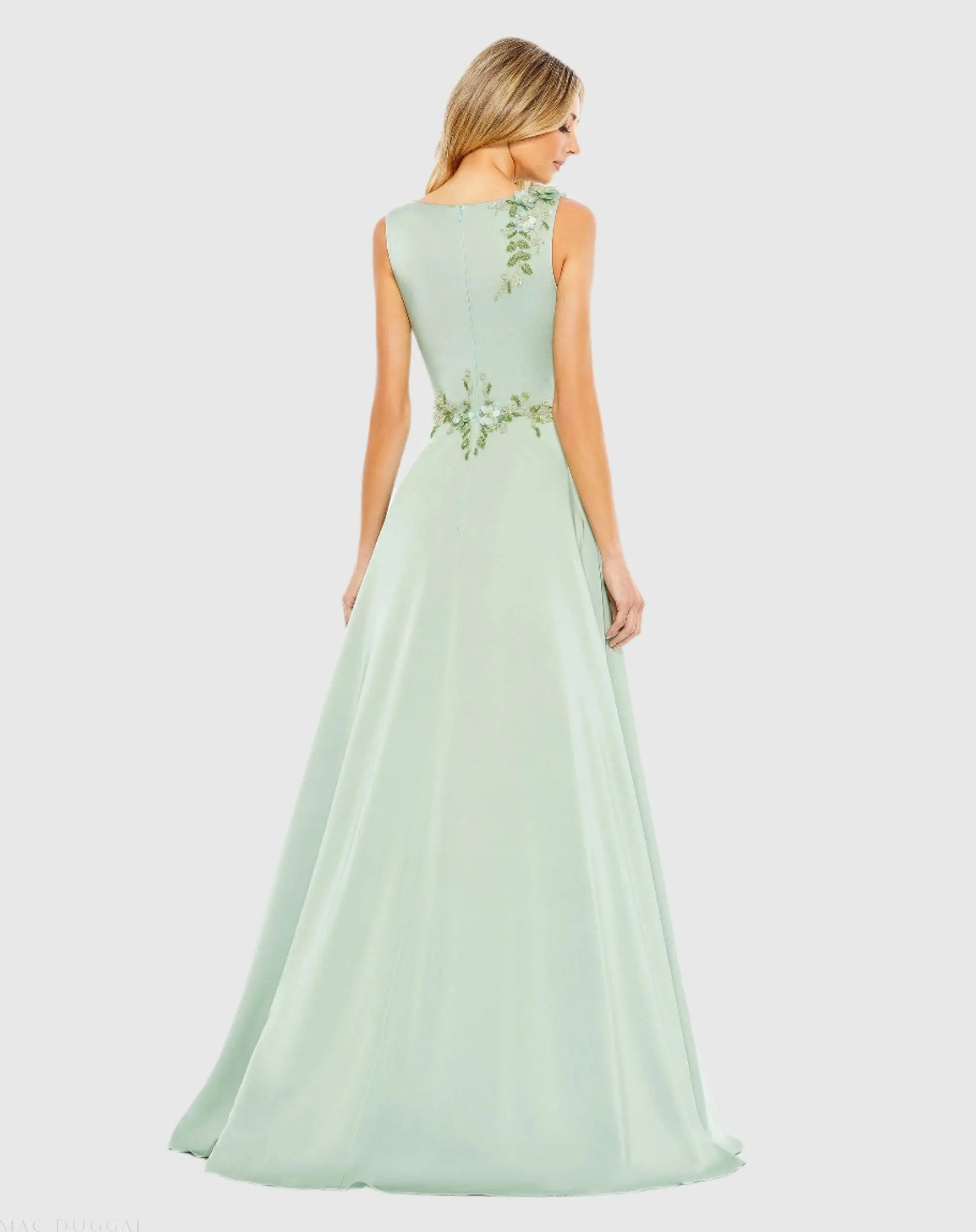 Green Floral Applique Sleeveless A Line Gown - Mac Duggal