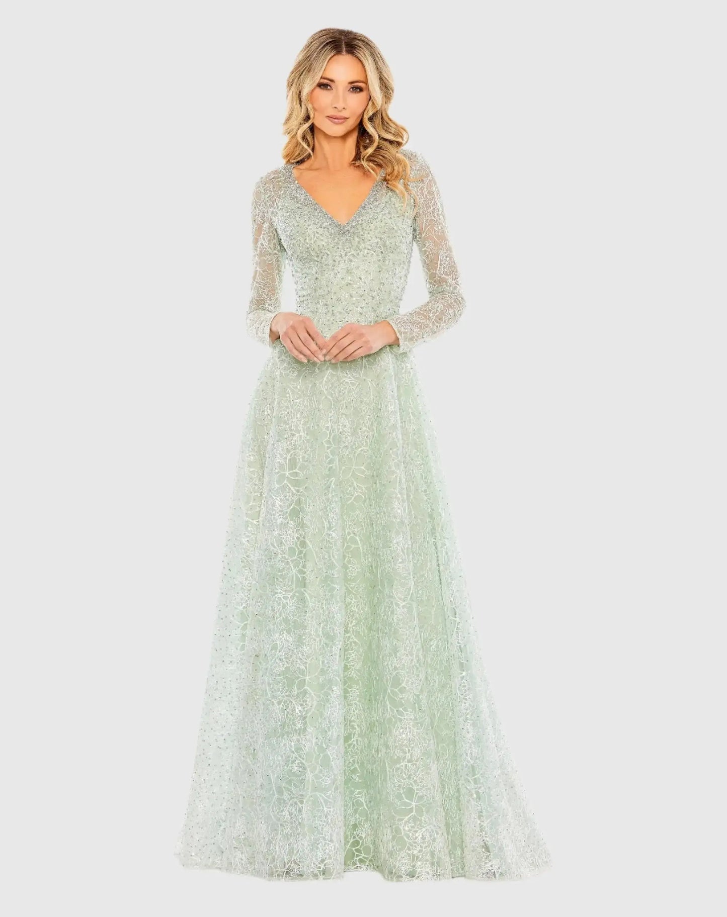 Green Crystal Embellished Long Sleeve V Neck Gown - Mac Duggal