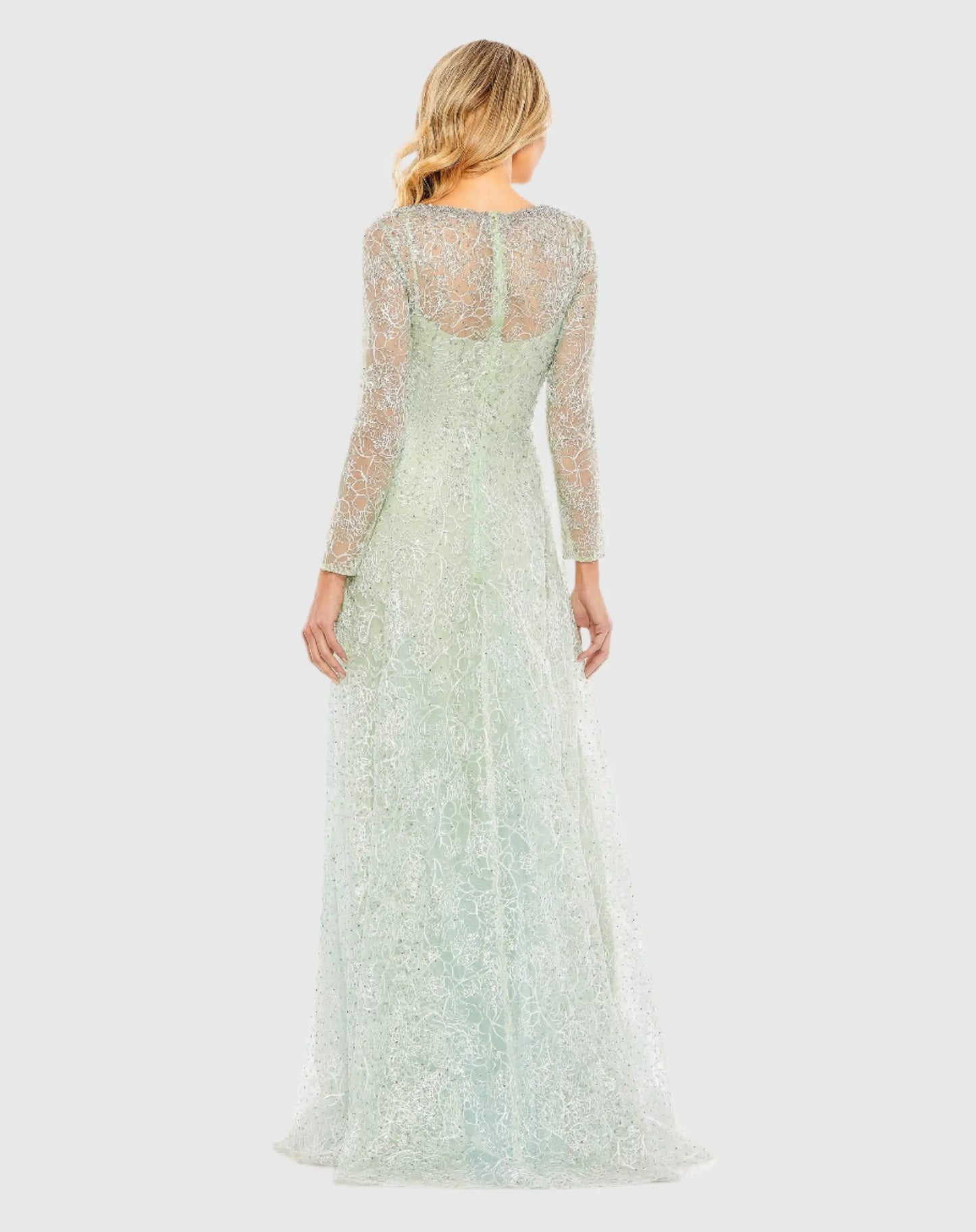 Crystal Embellished Long Sleeve V Neck Gown - Mac Duggal