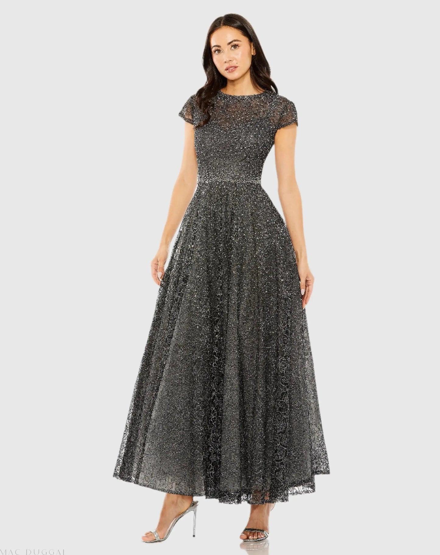 Gray Embellished Cap Sleeve A Line Dress - Mac Duggal
