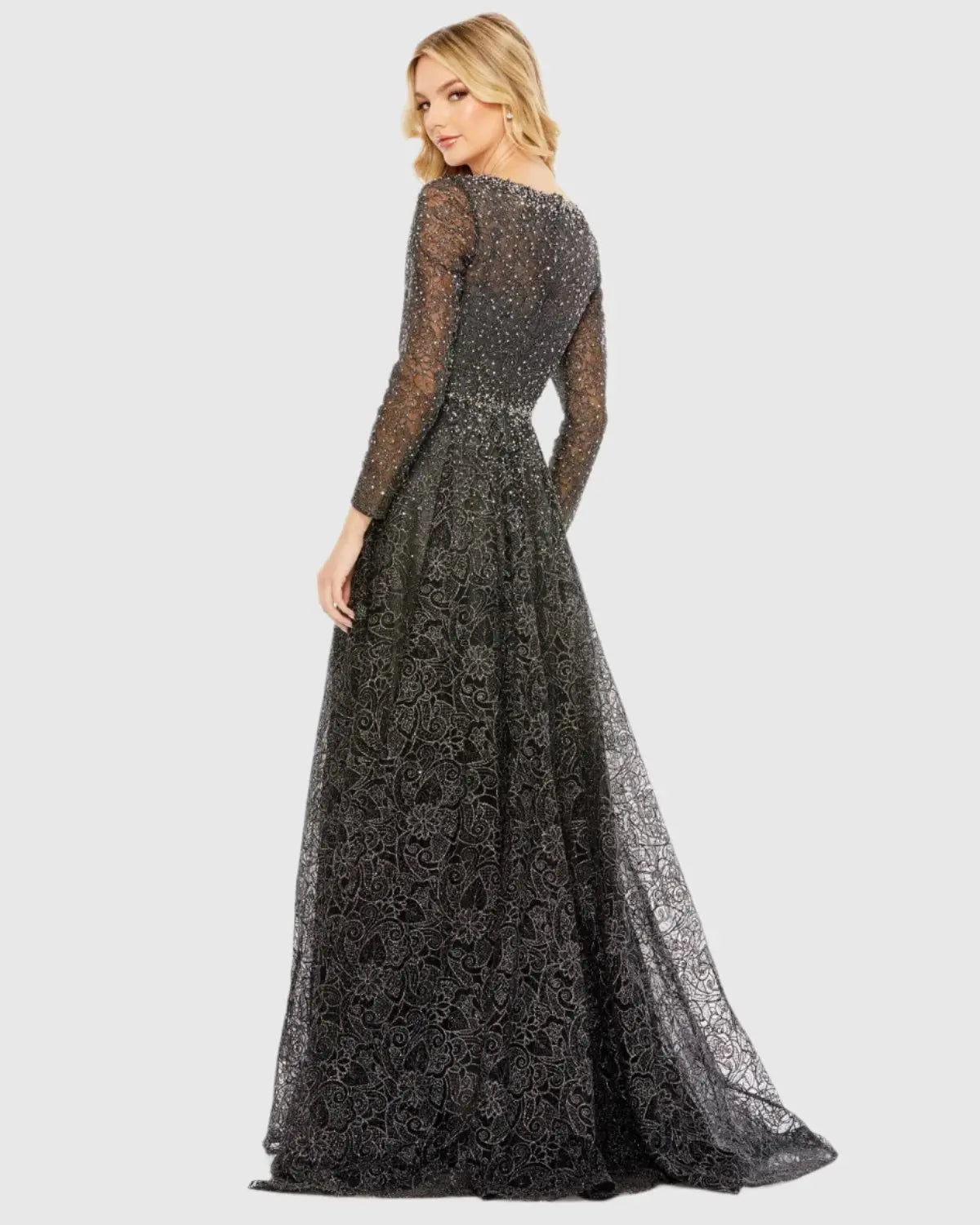 Gray Embellished Illusion Long Sleeve V Neck Gown - Mac Duggal