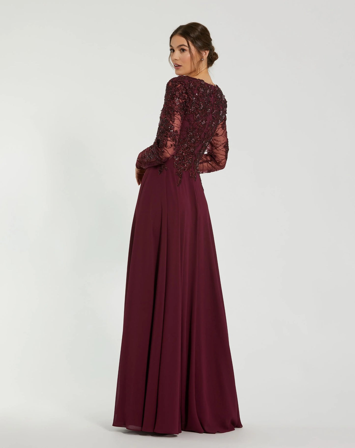 Red Embellished Illusion V Neck Long Sleeve Gown - Mac Duggal